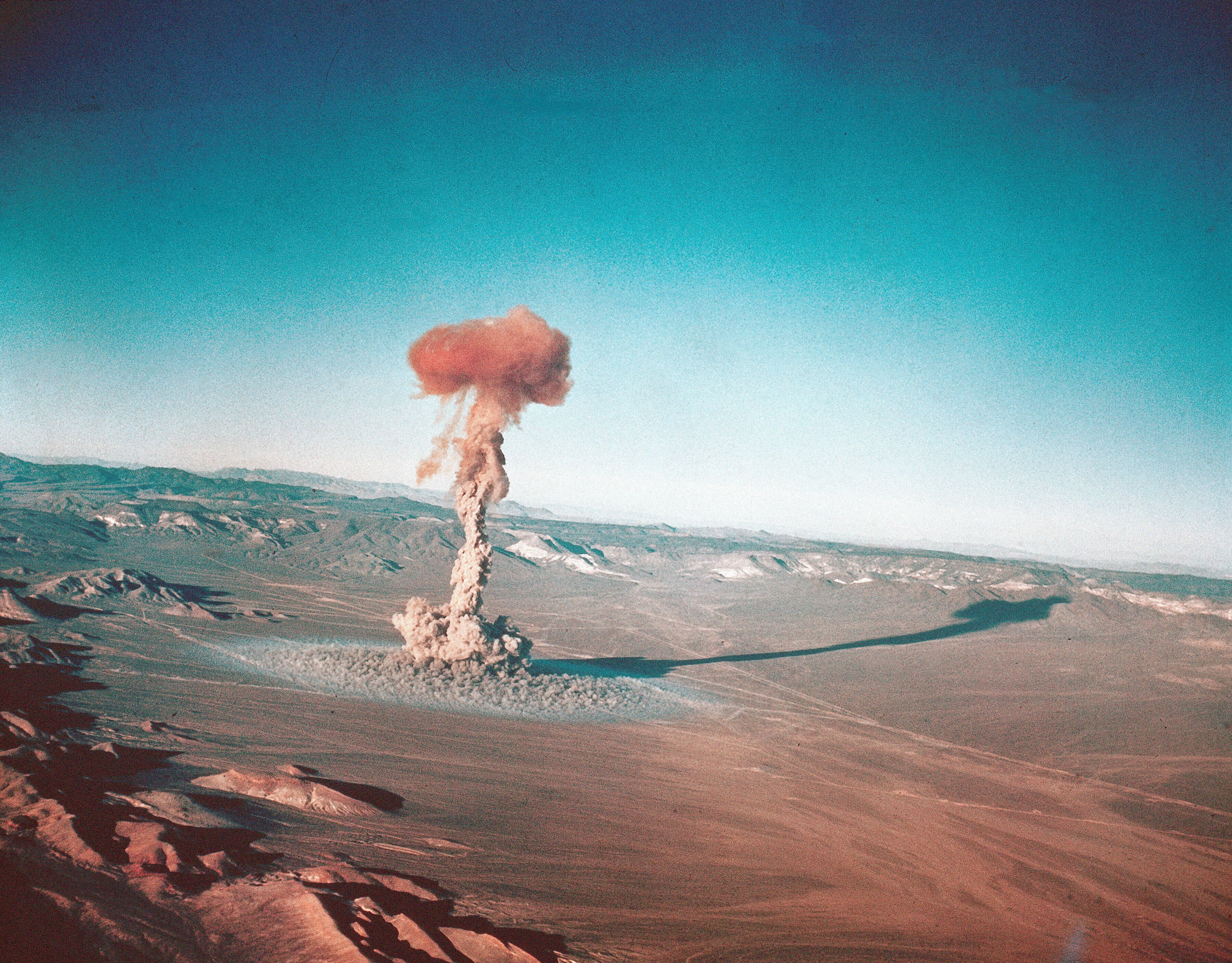 An atomic test produced a mushroom cloud at the Nevada Test Site on March 23, 1955.