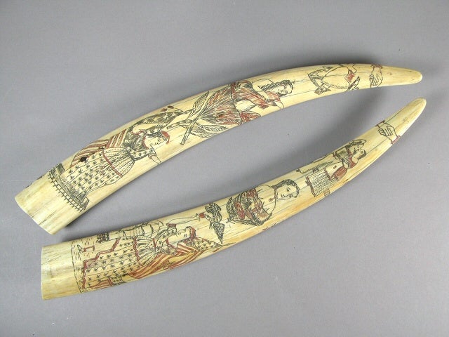 A pair of scrimshaw tusks by an unidentified artist at the Oakland Museum of California, were included in the items taken by the thieves during their heist