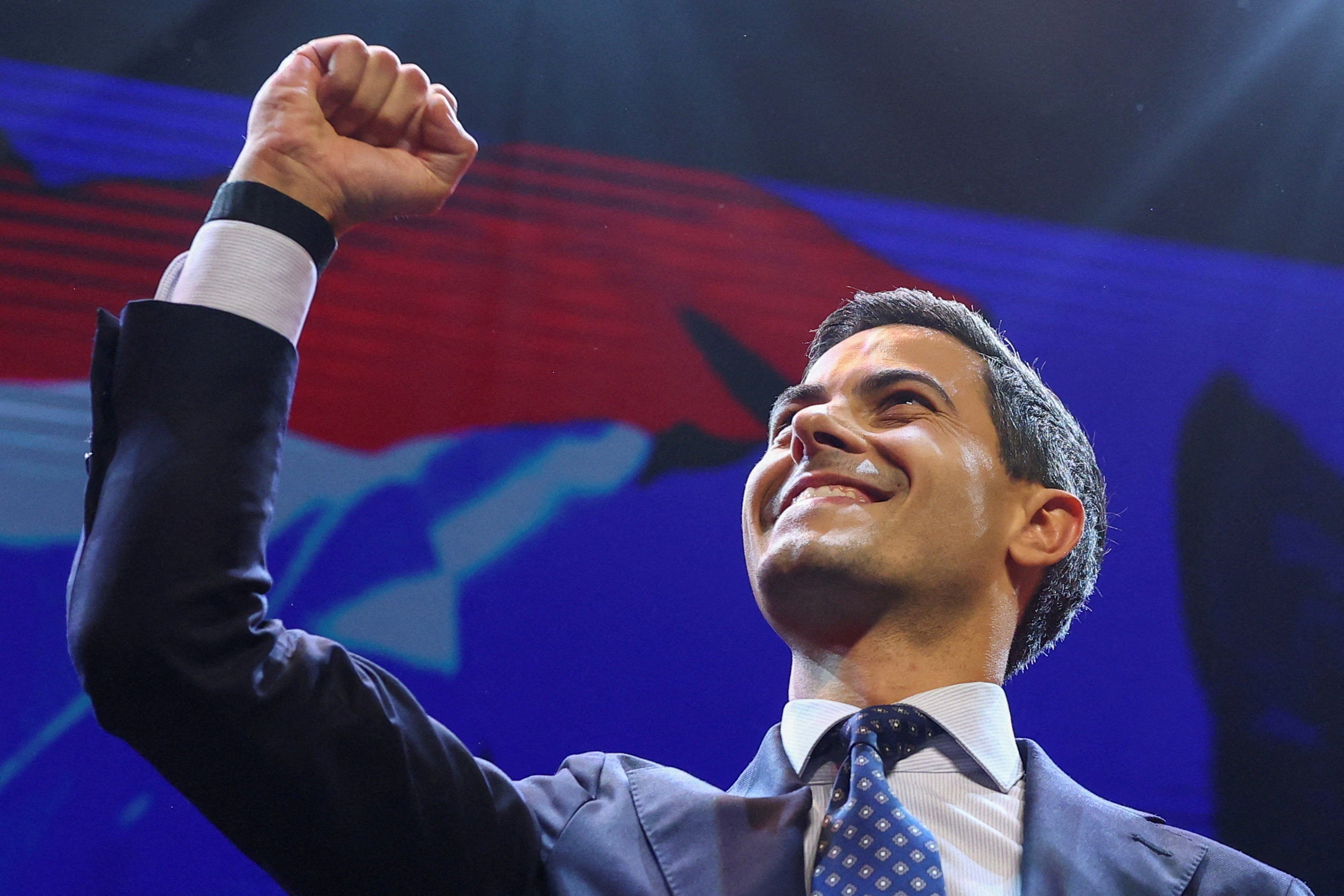 Democrats 66 leader Rob Jetten addresses supporters following the exit poll in the Dutch parliamentary elections