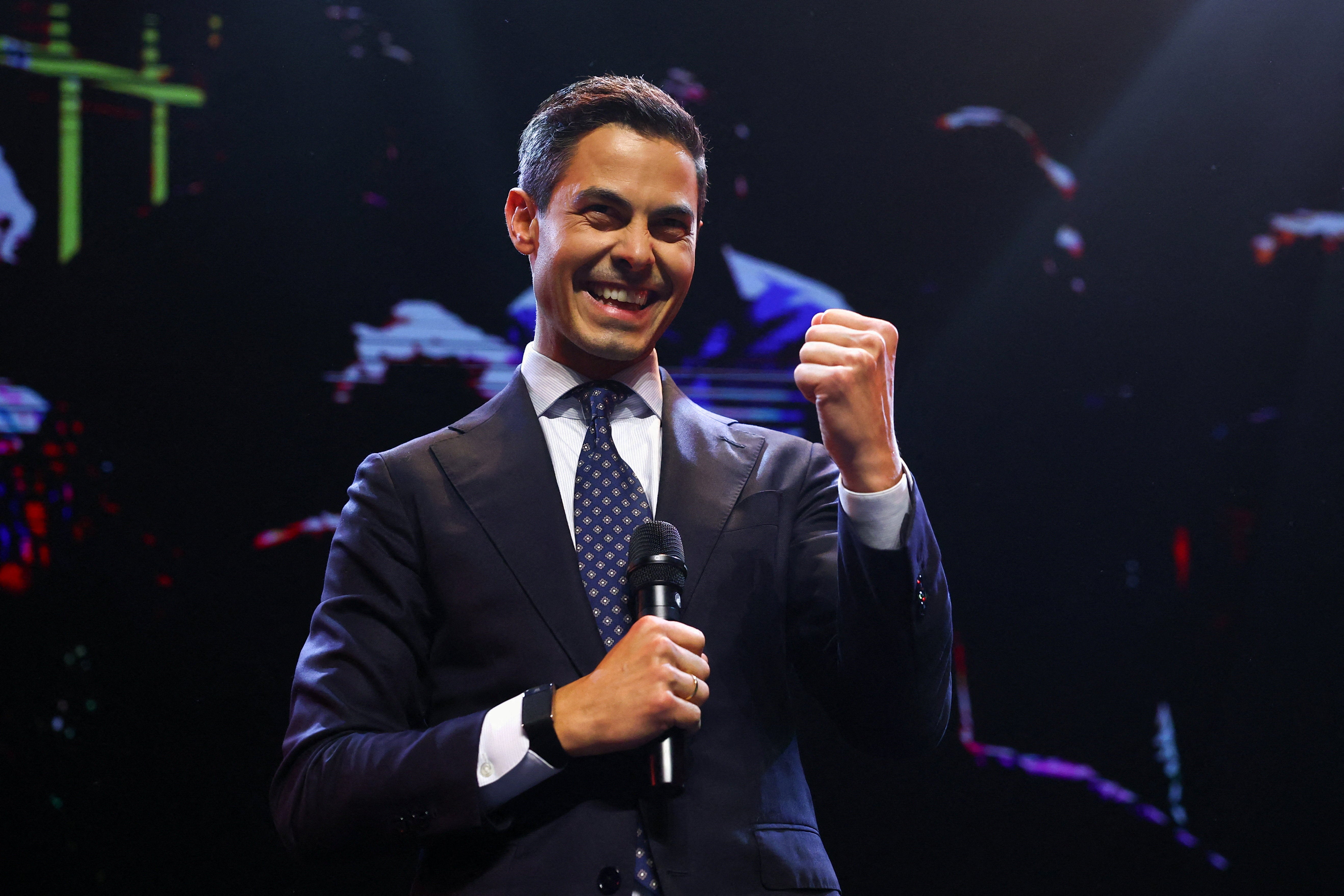 D66 leader Rob Jetten speaking to supporters on Wednesday