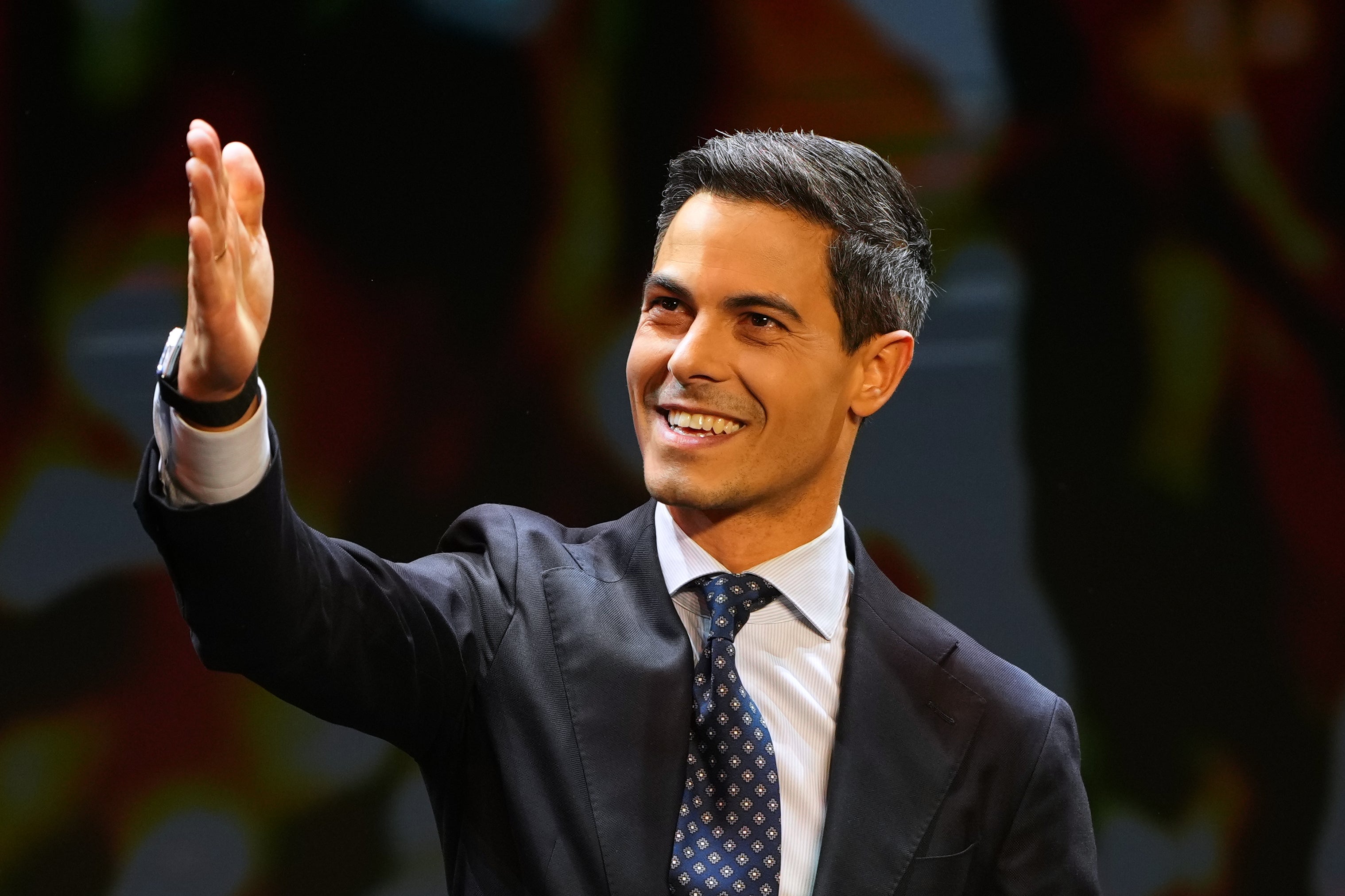 Rob Jetten, leader of the center-left D66 party, speaks on stage during exit poll results