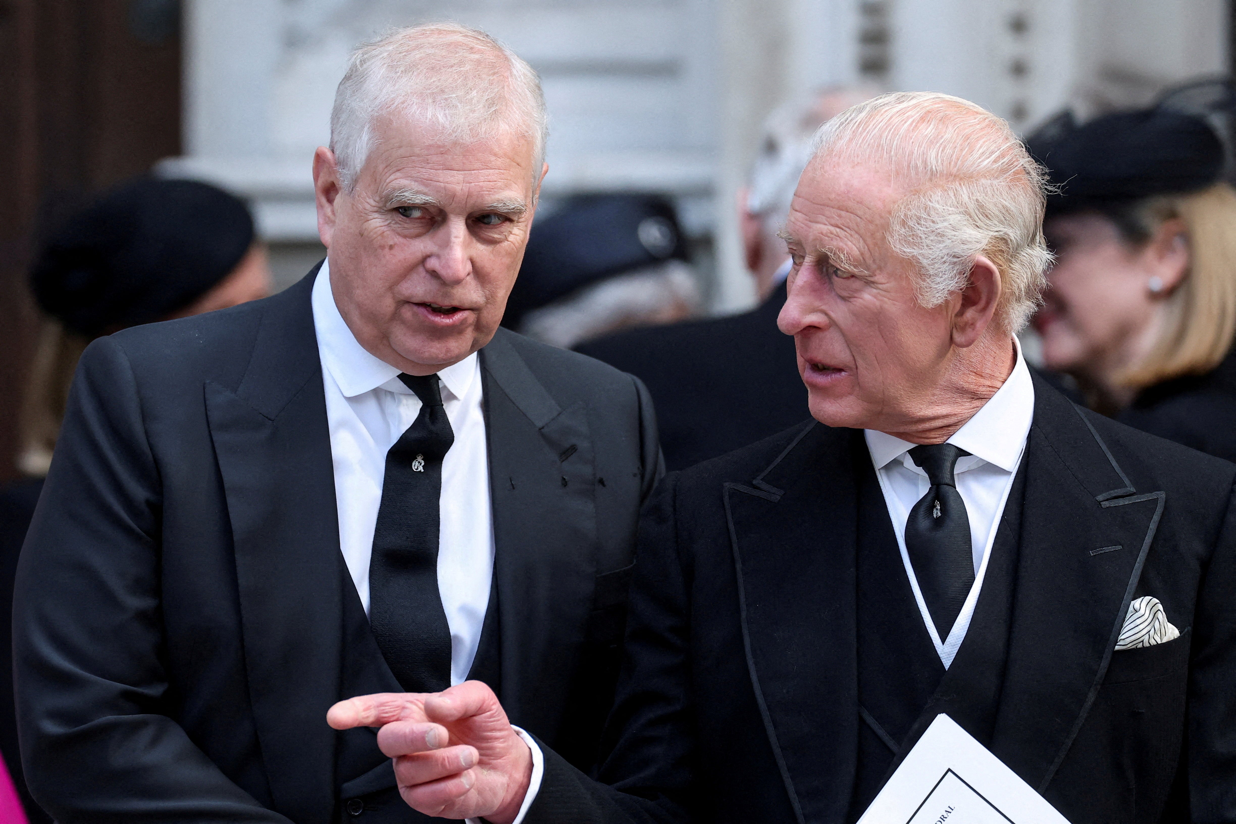 Britain's Prince Andrew speaks with King Charles as they leave Westminster Cathedral at the end of the Requiem Mass, on the day of the funeral of Britain's Katharine, Duchess of Kent, in London, Britain, September 16, 2025. REUTERS/Toby Melville/File Photo