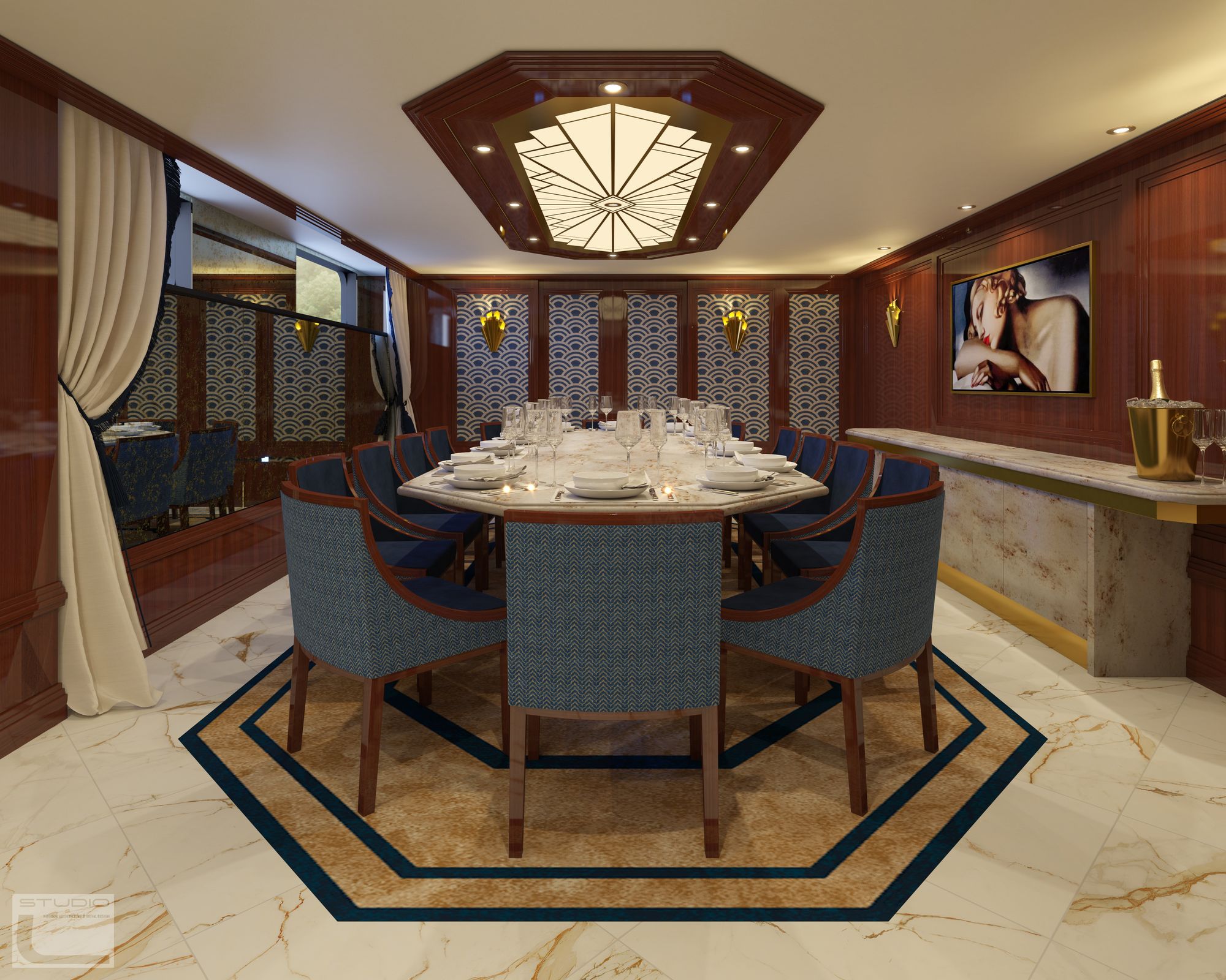 The private dining room aboard SS Marlene promises elegance and luxury