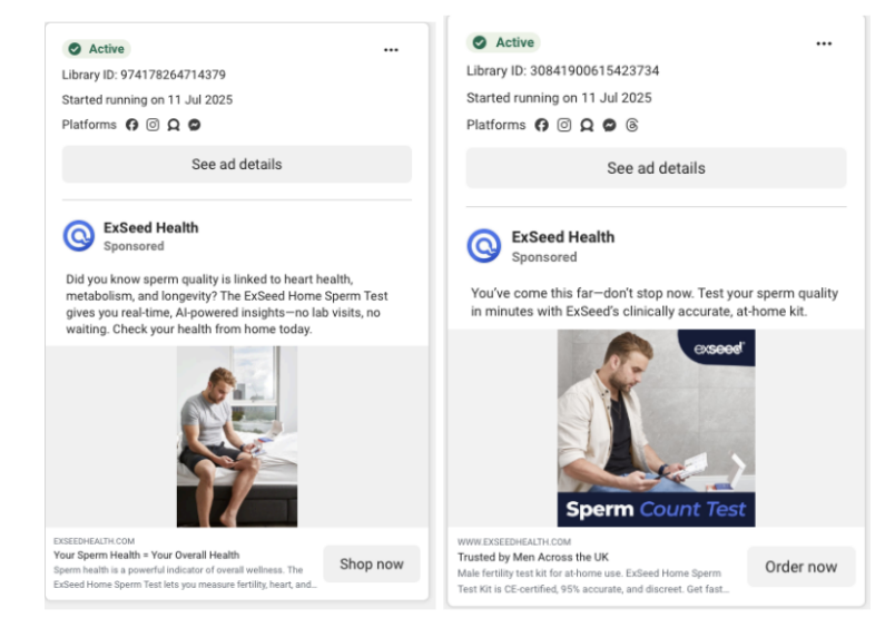 Ads for sperm testing which started running on Meta platforms in July 2025
