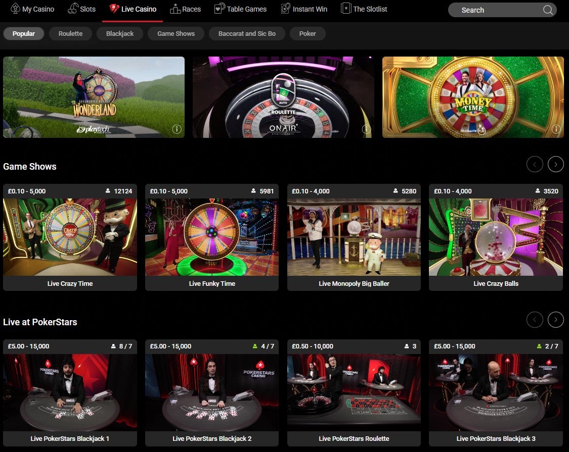 PokerStars have a great selection of games in the live casino section