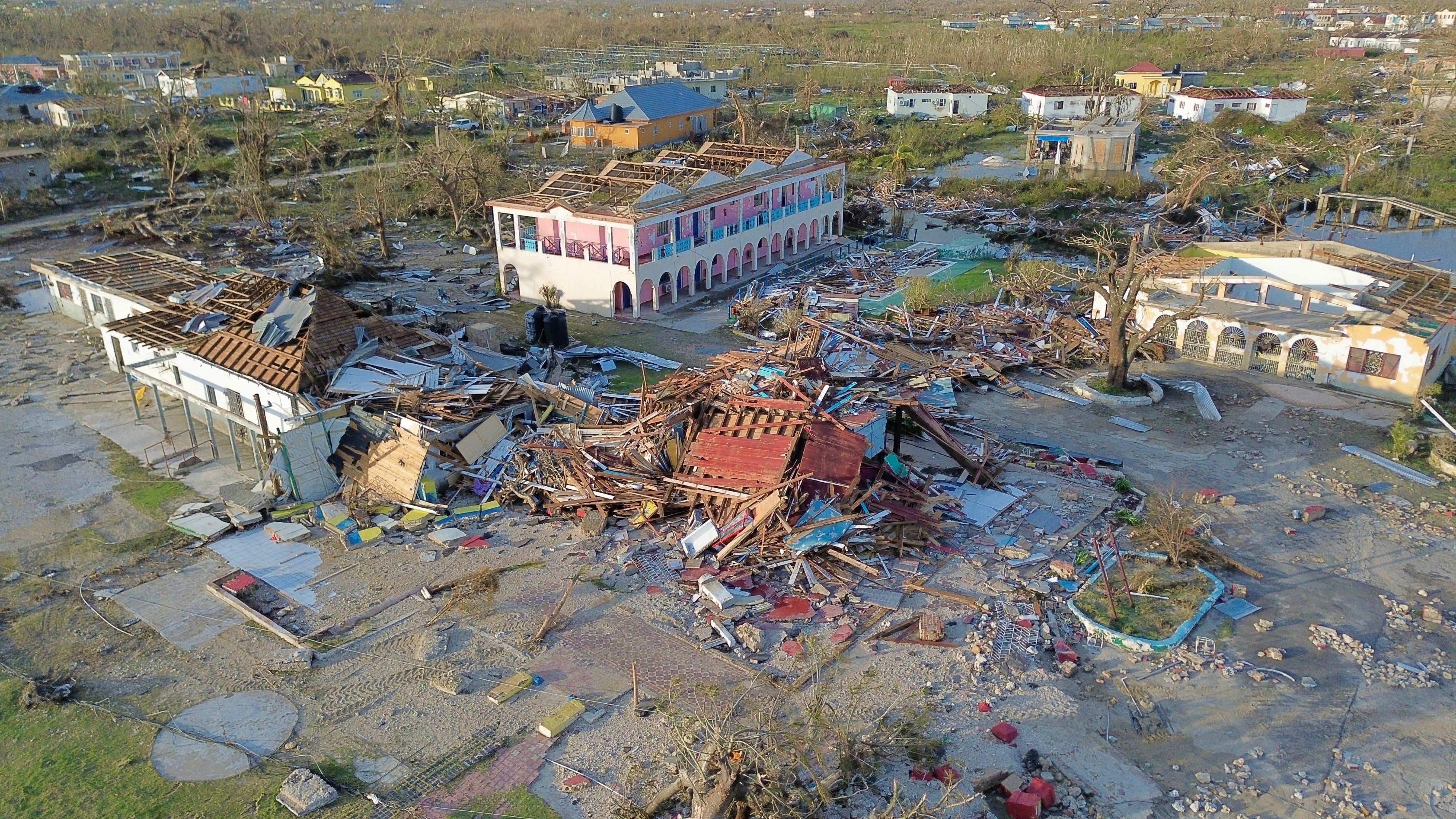 An aerial view of destroyed buildings in Black River, St Elizabeth, Jamaica