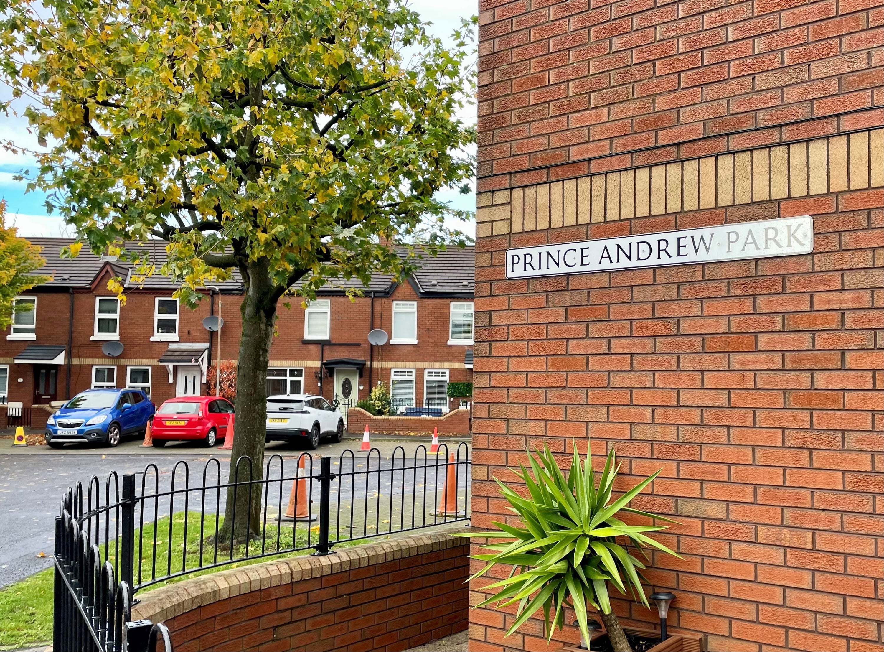 A street sign for Prince Andrew Park in south Belfast, Northern Ireland
