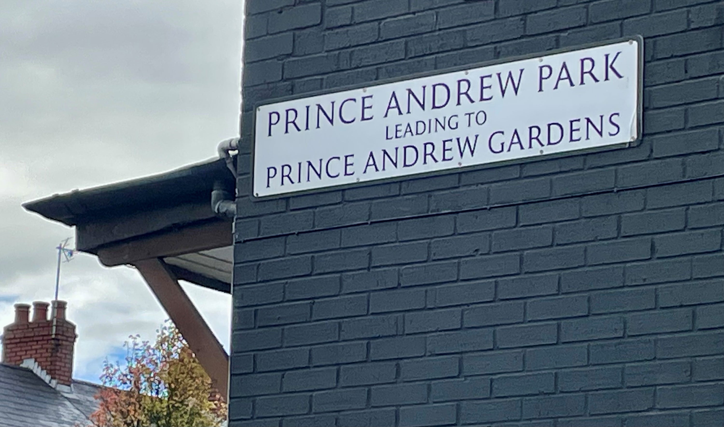 A street sign for Prince Andrew Park and Prince Andrew Gardens in south Belfast, Northern Ireland