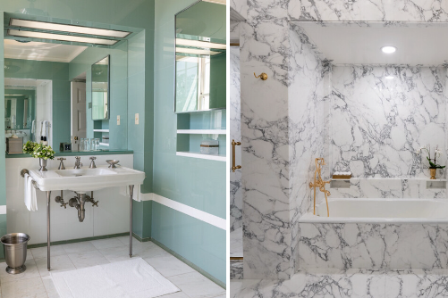 President Trump claims remodeling the Lincoln Bathroom from its previous art deco style (left) is making the space more historically accurate, though marble does not appear to have been a major feature of the room during Lincoln’s time