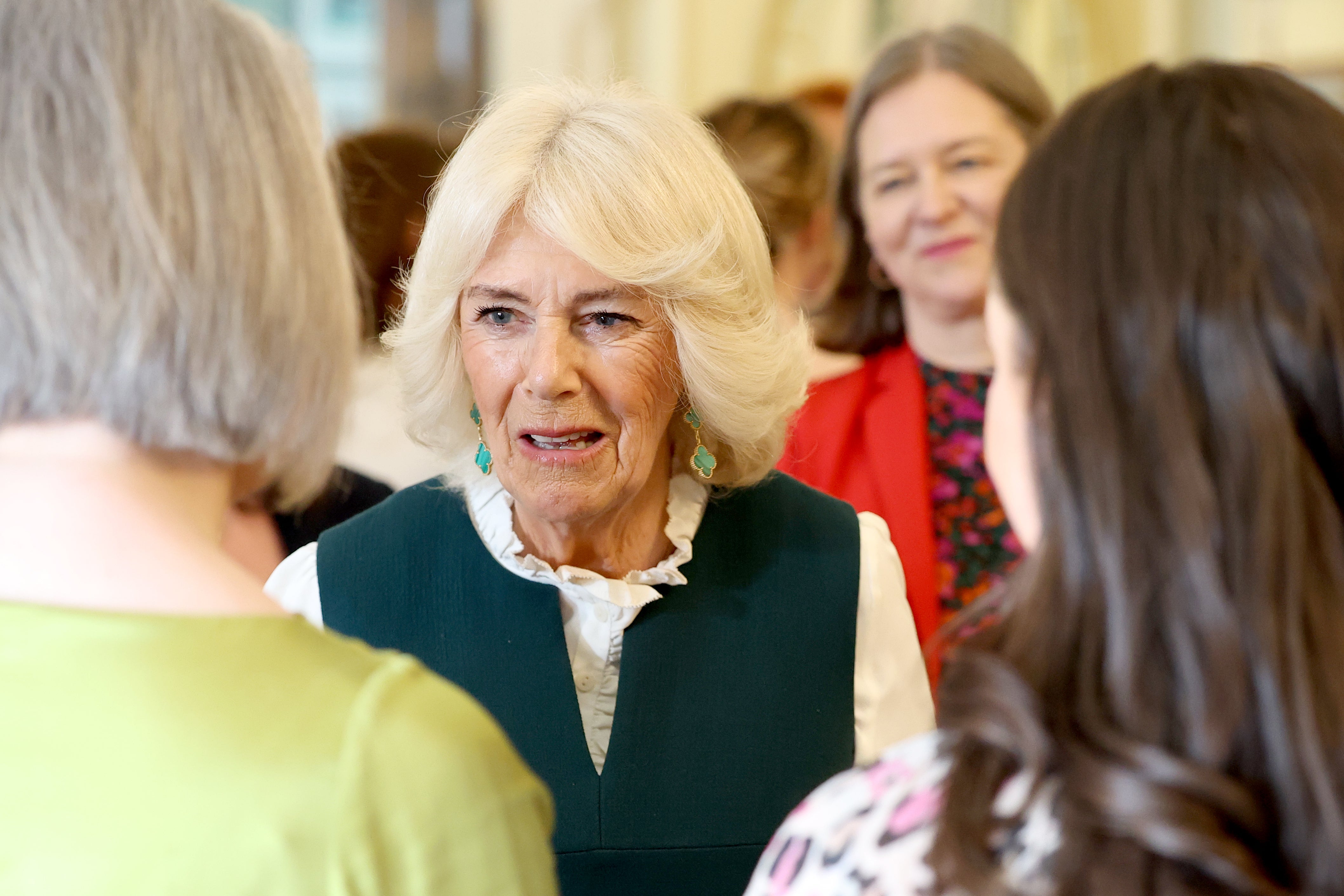 Camilla speaking to representatives from charities when she hosted a reception for victims of domestic abuse in Northern Ireland in March