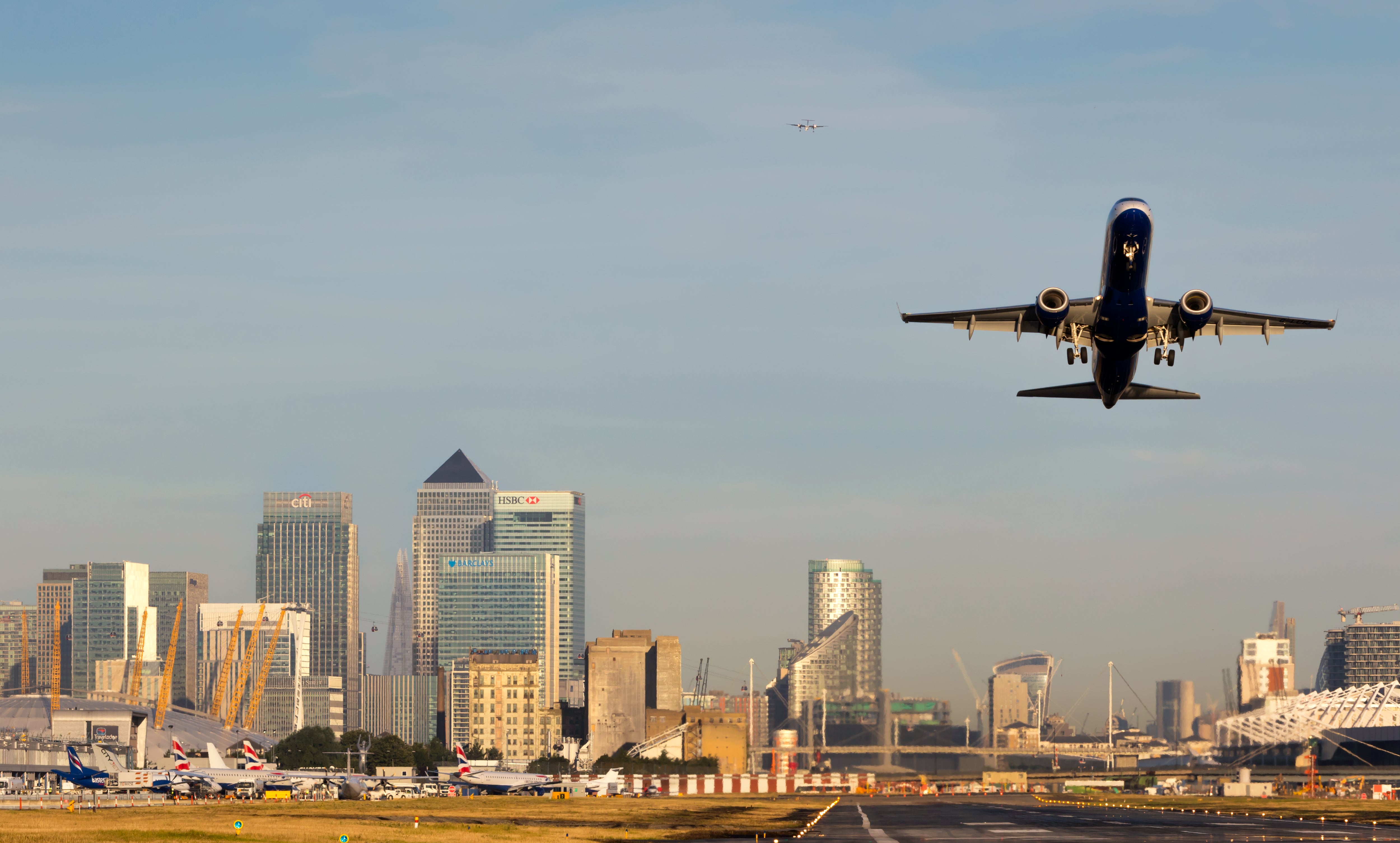 Aircraft taking off from London City airport in the east of the capital