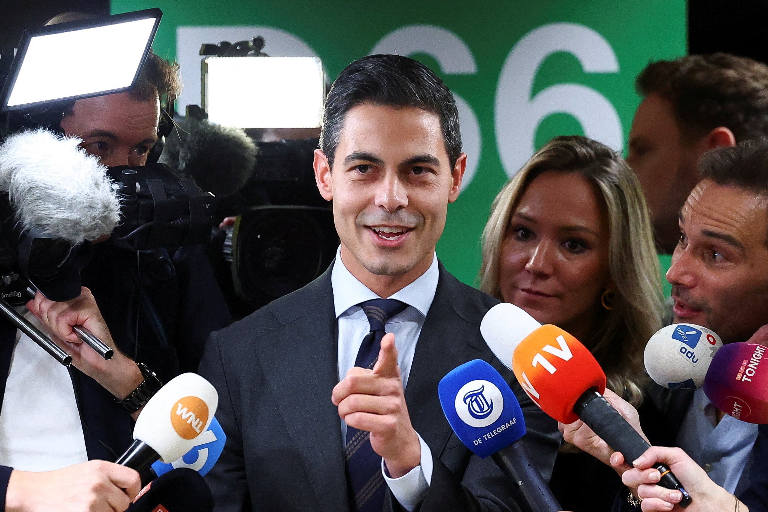 Democrats 66 (D66) party leader Rob Jetten speaks next to the media members at the Dutch Parliament