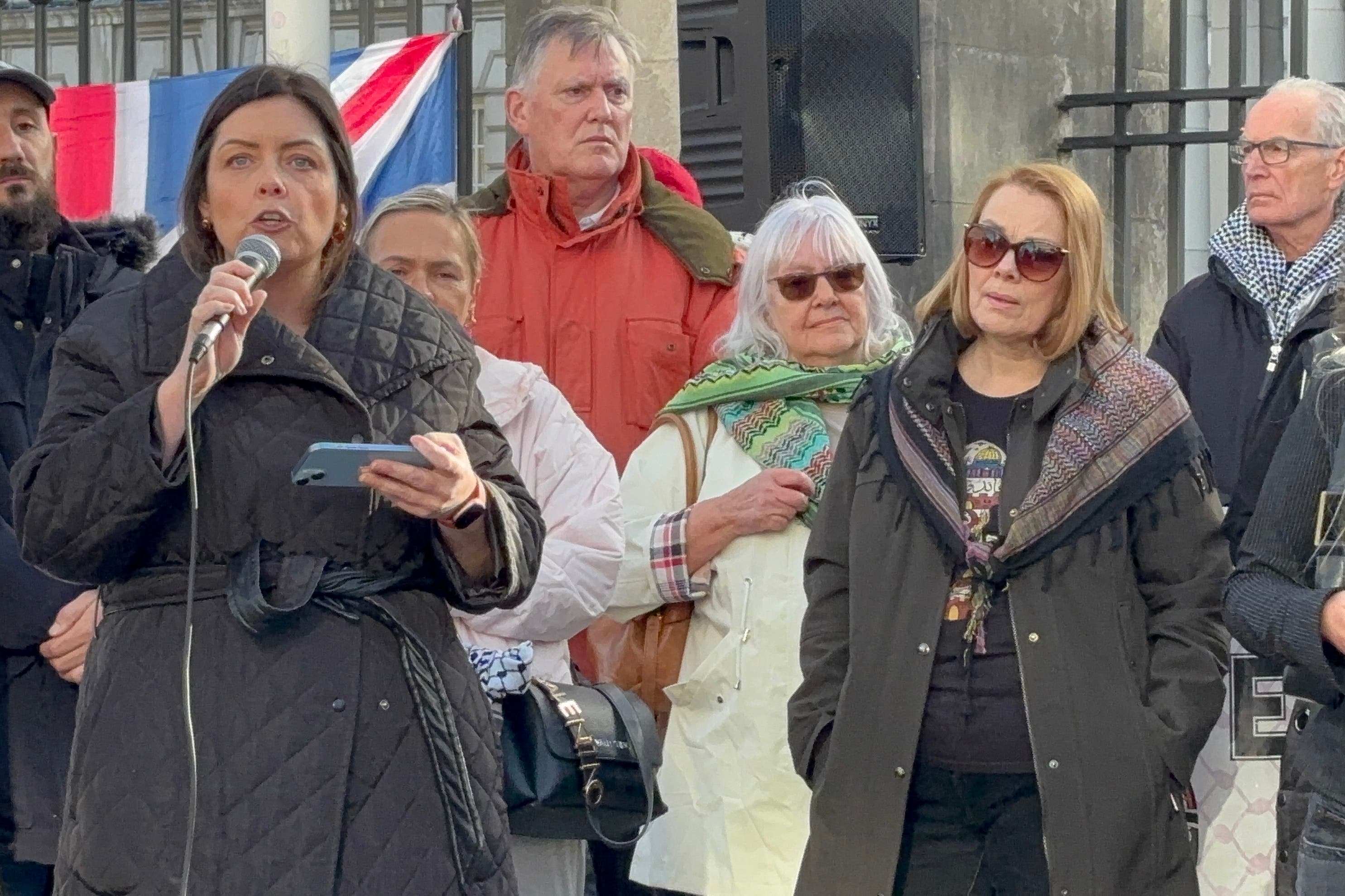Sinn Fein MLA Deirdre Hargey speaking at a demonstration calling for the resignation of Stormont Education Minister Paul Givan at Belfast City Hall on Saturday (Rebecca Black/PA)