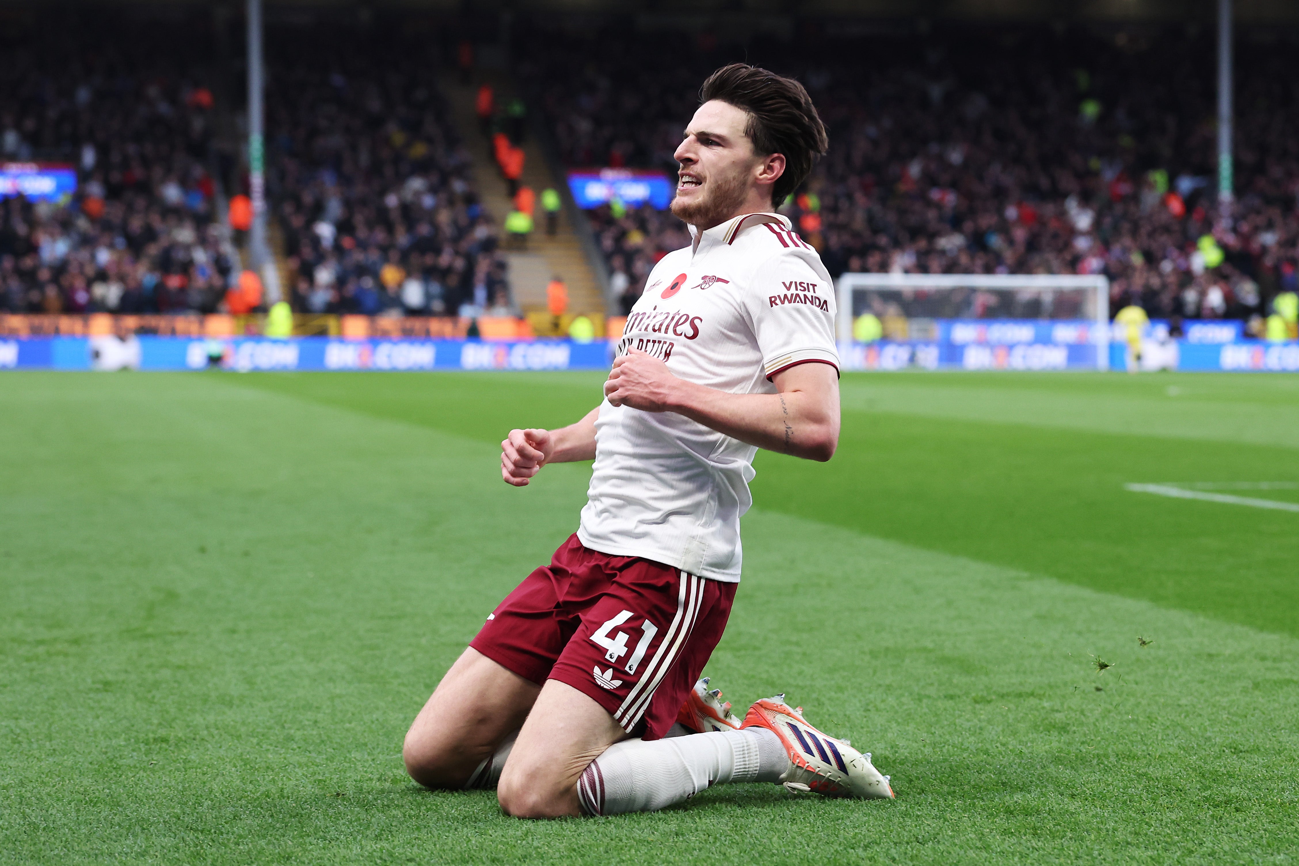 Declan Rice celebrates after scoring Arsenal's second at Burnley