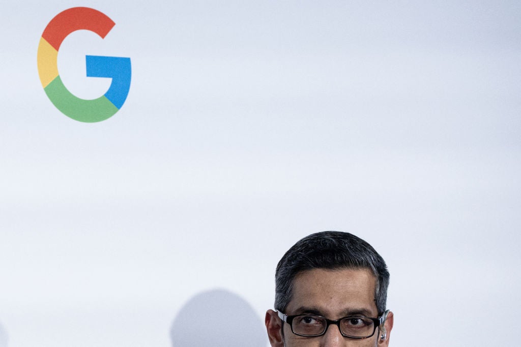 Google CEO Sundar Pichai speaks during the inauguration of a Google AI hub in Paris on 15 February, 2024