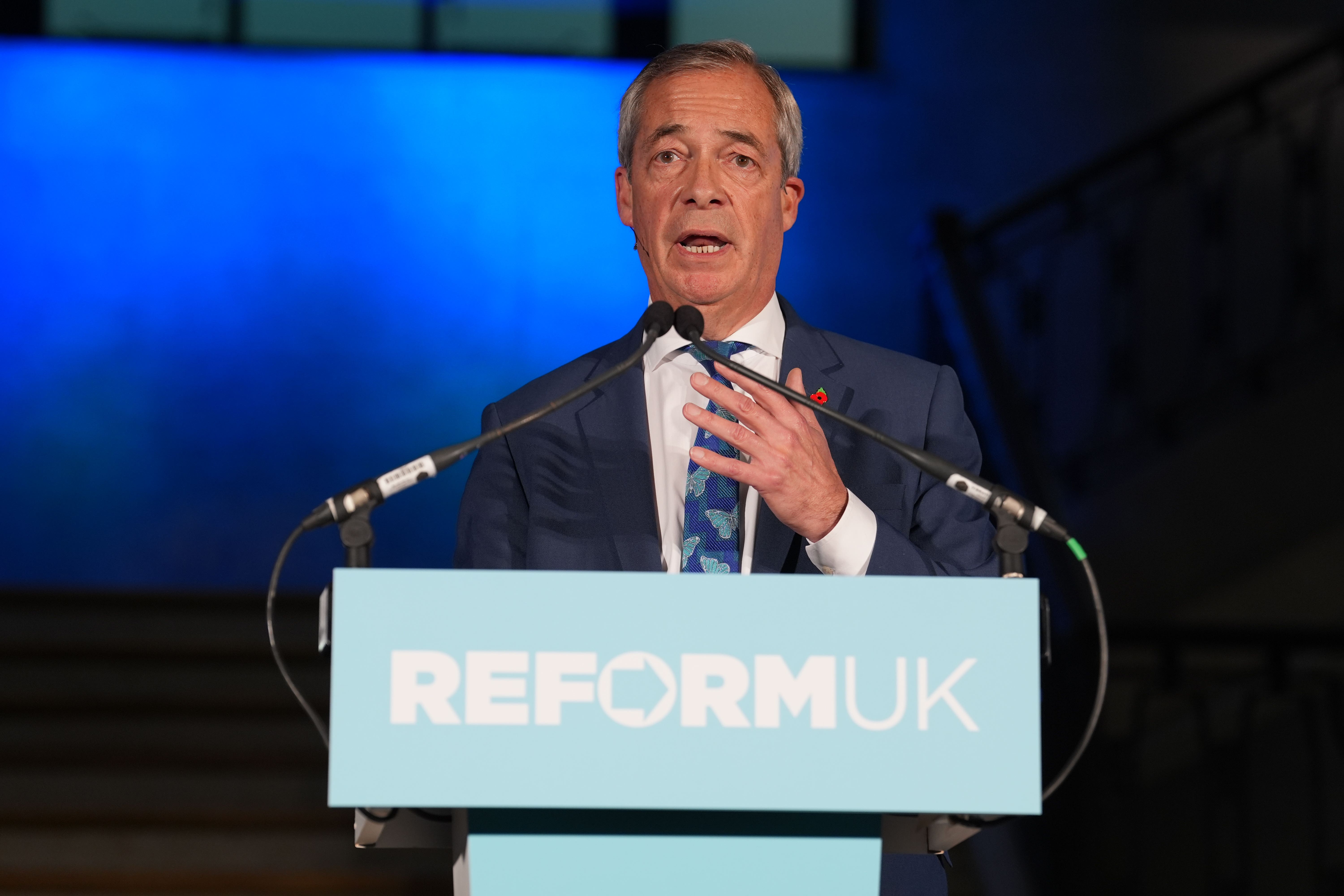 Reform UK leader Nigel Farage delivers a speech at Banking Hall in the City of London (Lucy North/PA)