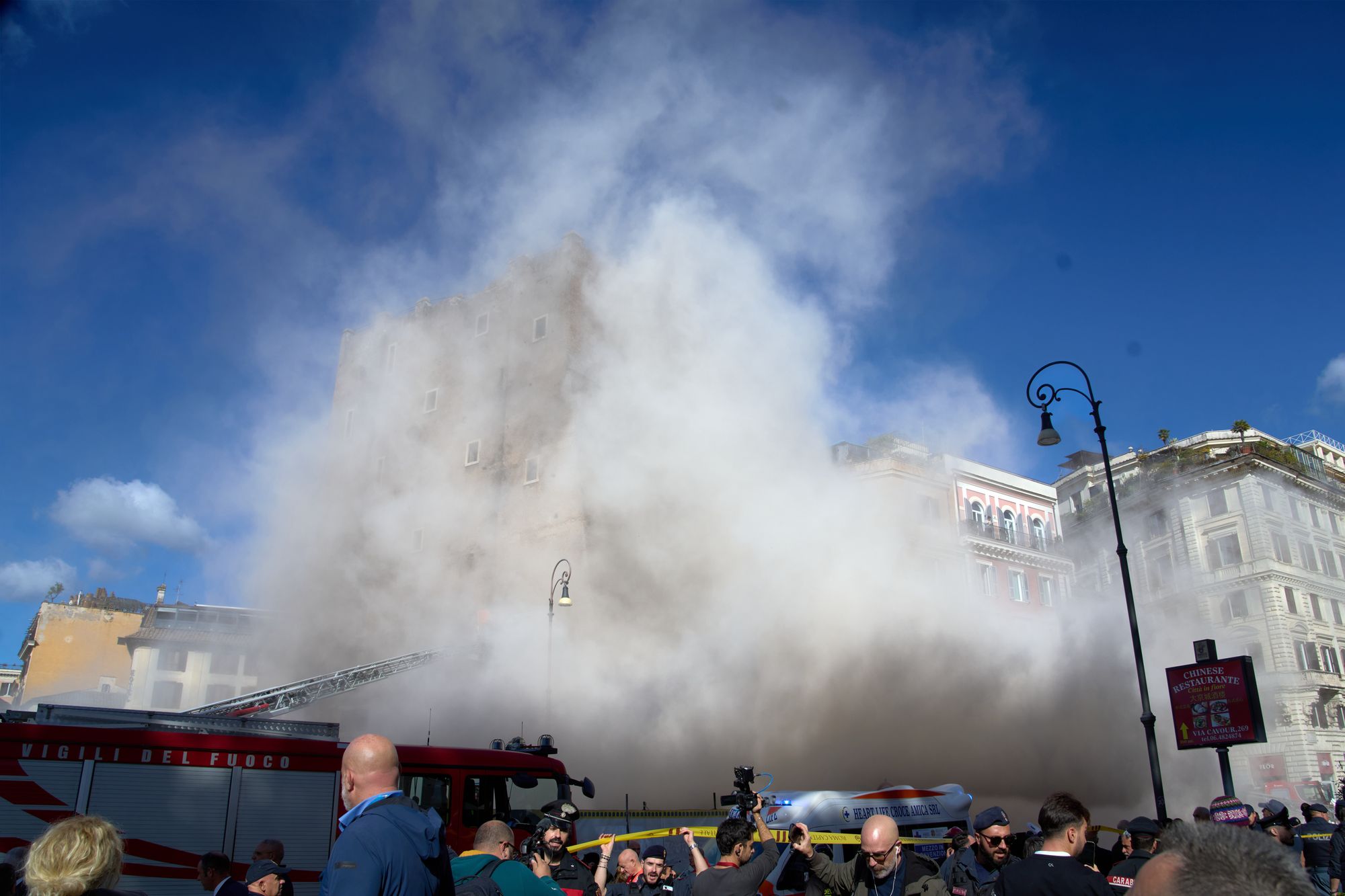 The moment the tower partially collapsed a second time during renovation works