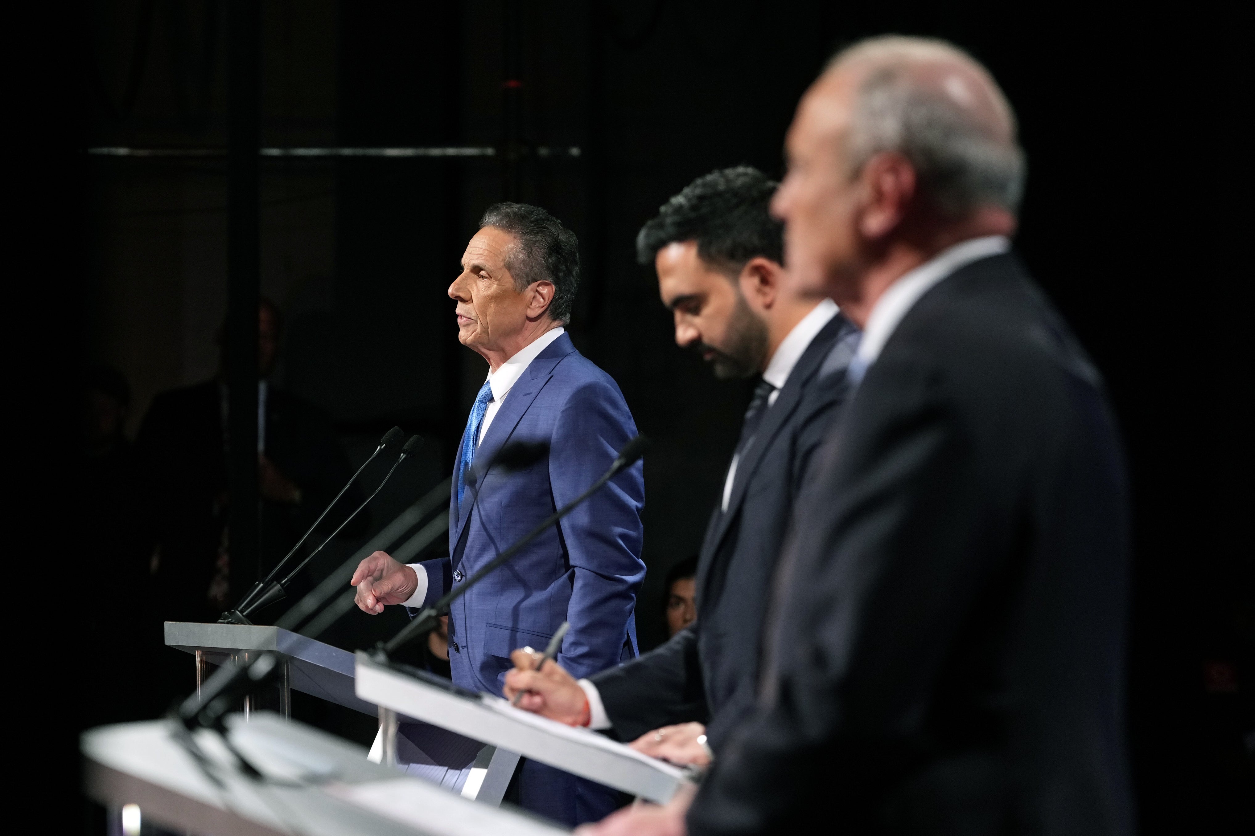 Independent candidate former New York Gov. Andrew Cuomo, Democratic candidate Assemblyman Zohran Mamdani and Republican candidate Curtis Sliwa, participate in a second New York City mayoral debate at LaGuardia Performing Arts Center at LaGuardia Community College in Long Island City, Queens, on October 22, 2025