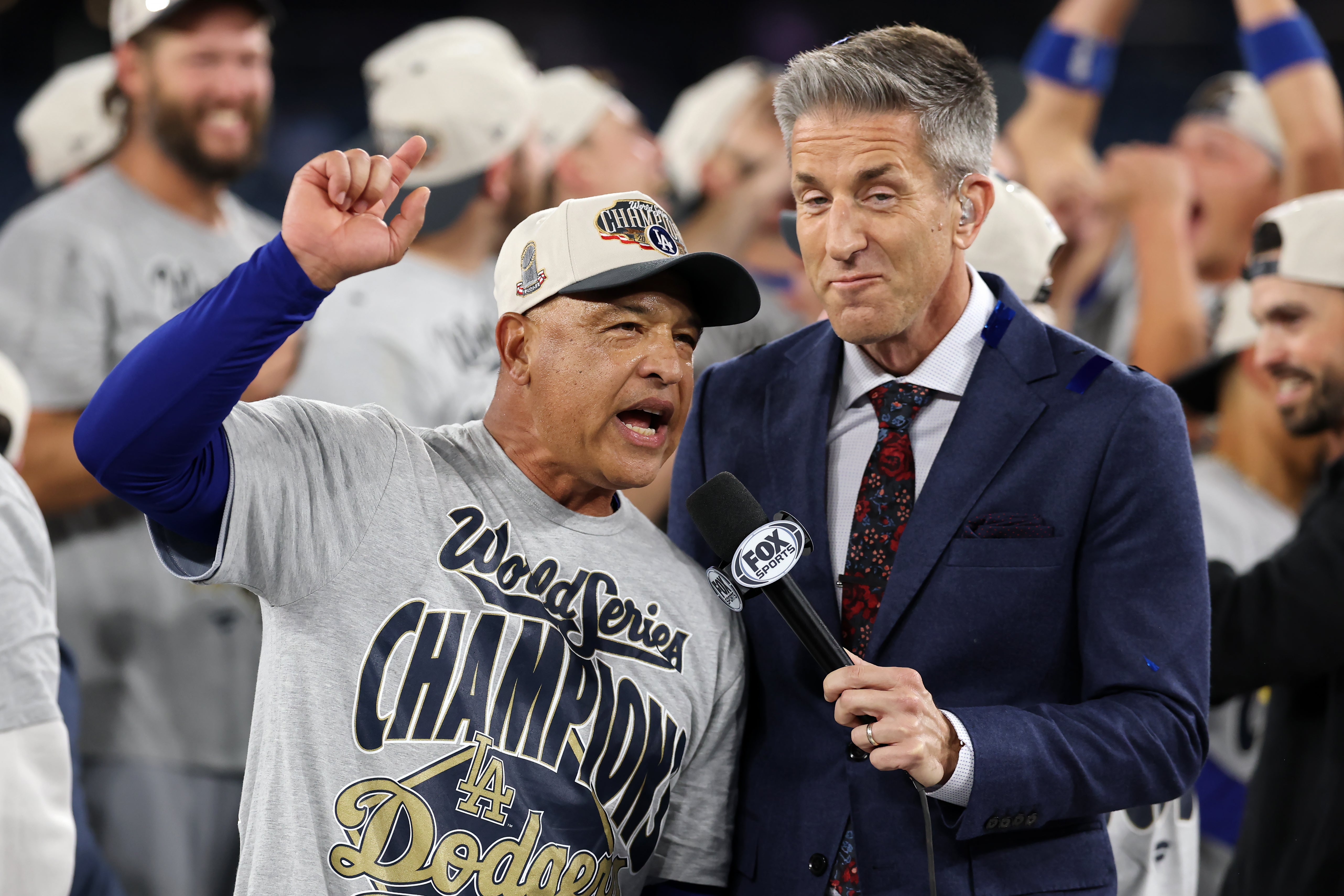 Manager Dave Roberts celebrates World Series win