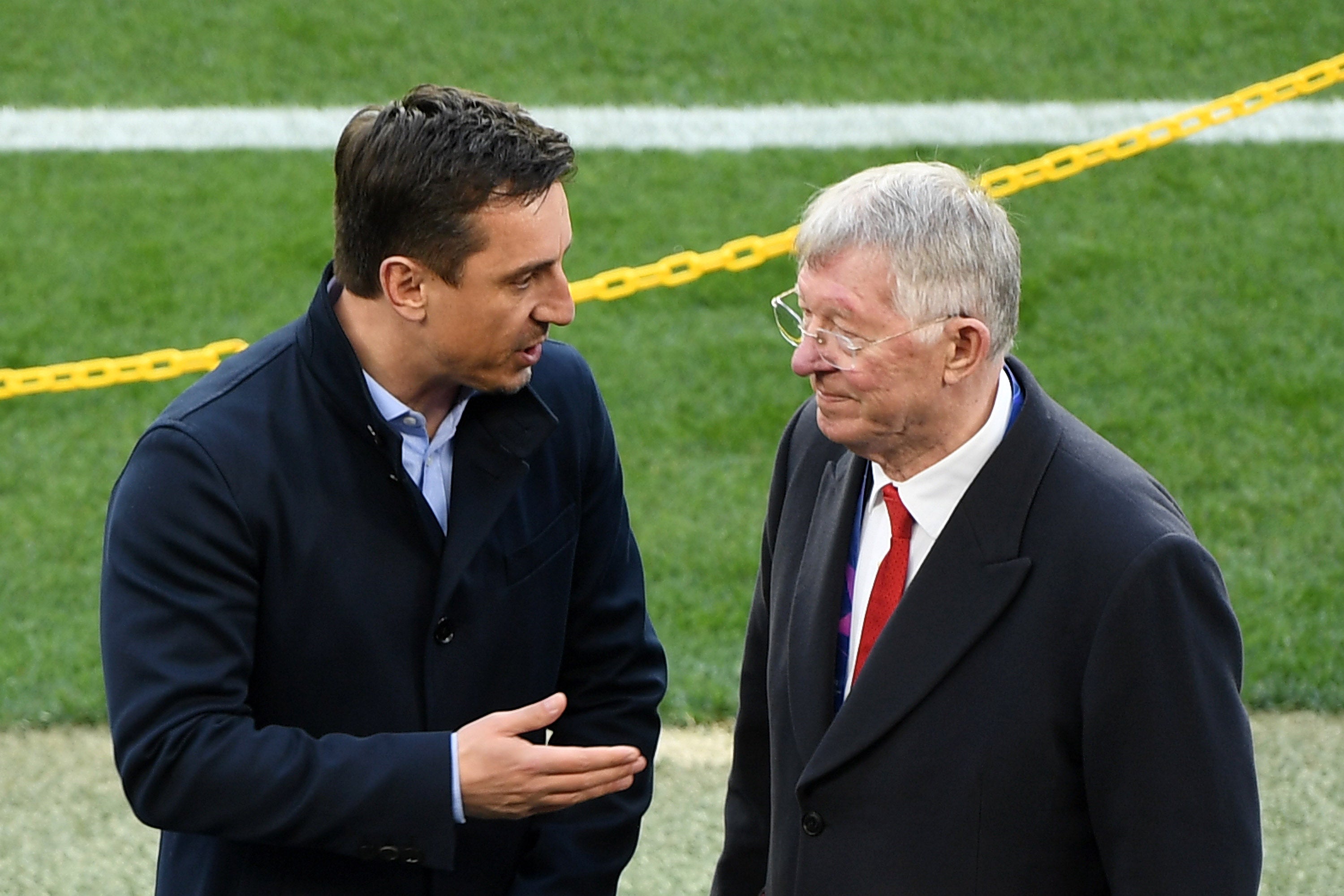 Gary Neville (left) says the Bazball style of cricket reminds him of Sir Alex Ferguson’s (right) approach