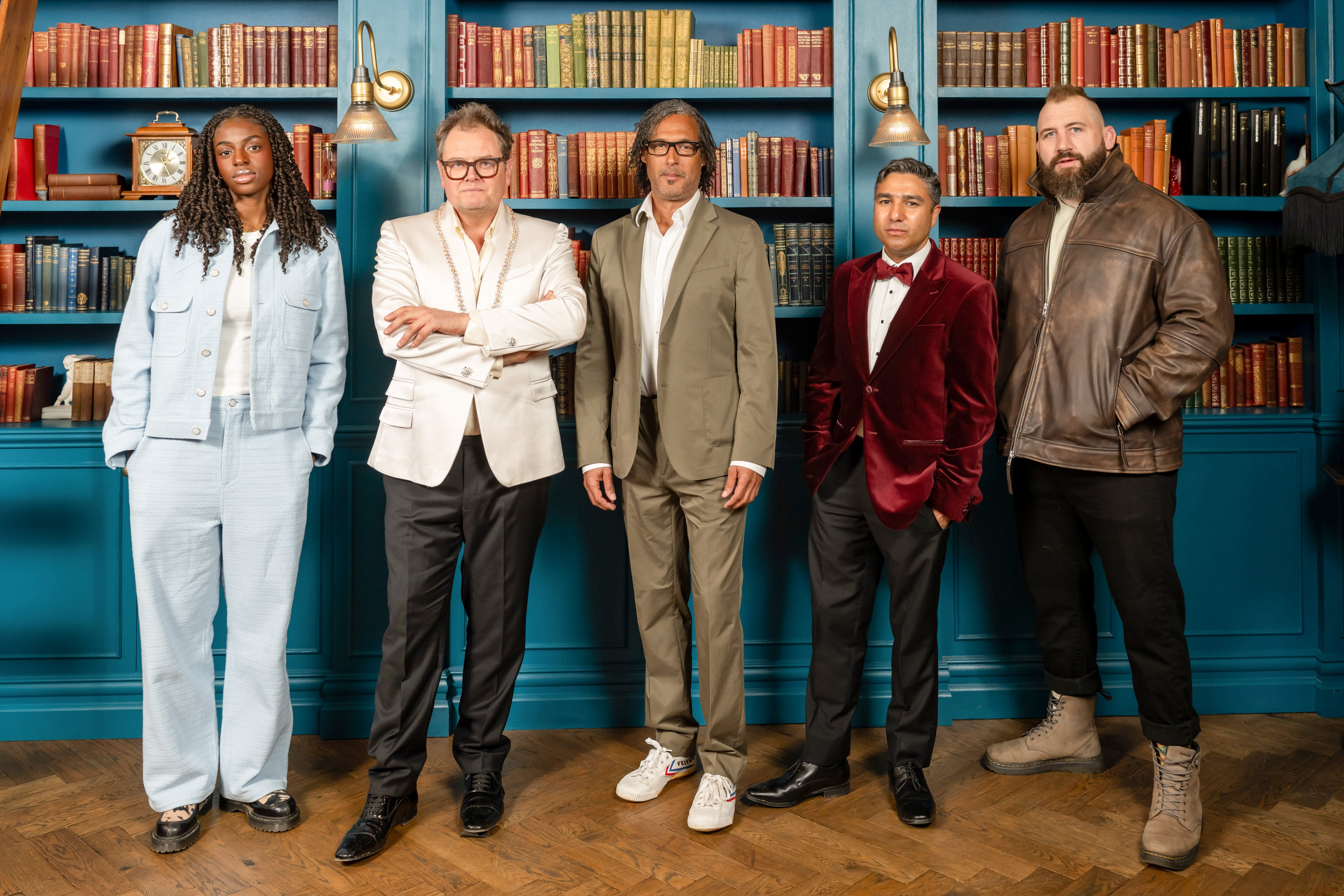 The Celebrity Traitors finalists: Cat Burns, Alan Carr, David Olusoga, Nick Mohammed and Joe Marler