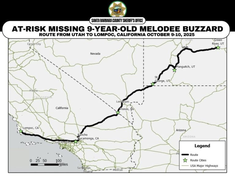 The Santa Barbara County Sheriff's Office shared a map of the vehicle’s stops along Ashley Buzzard’s route back to California