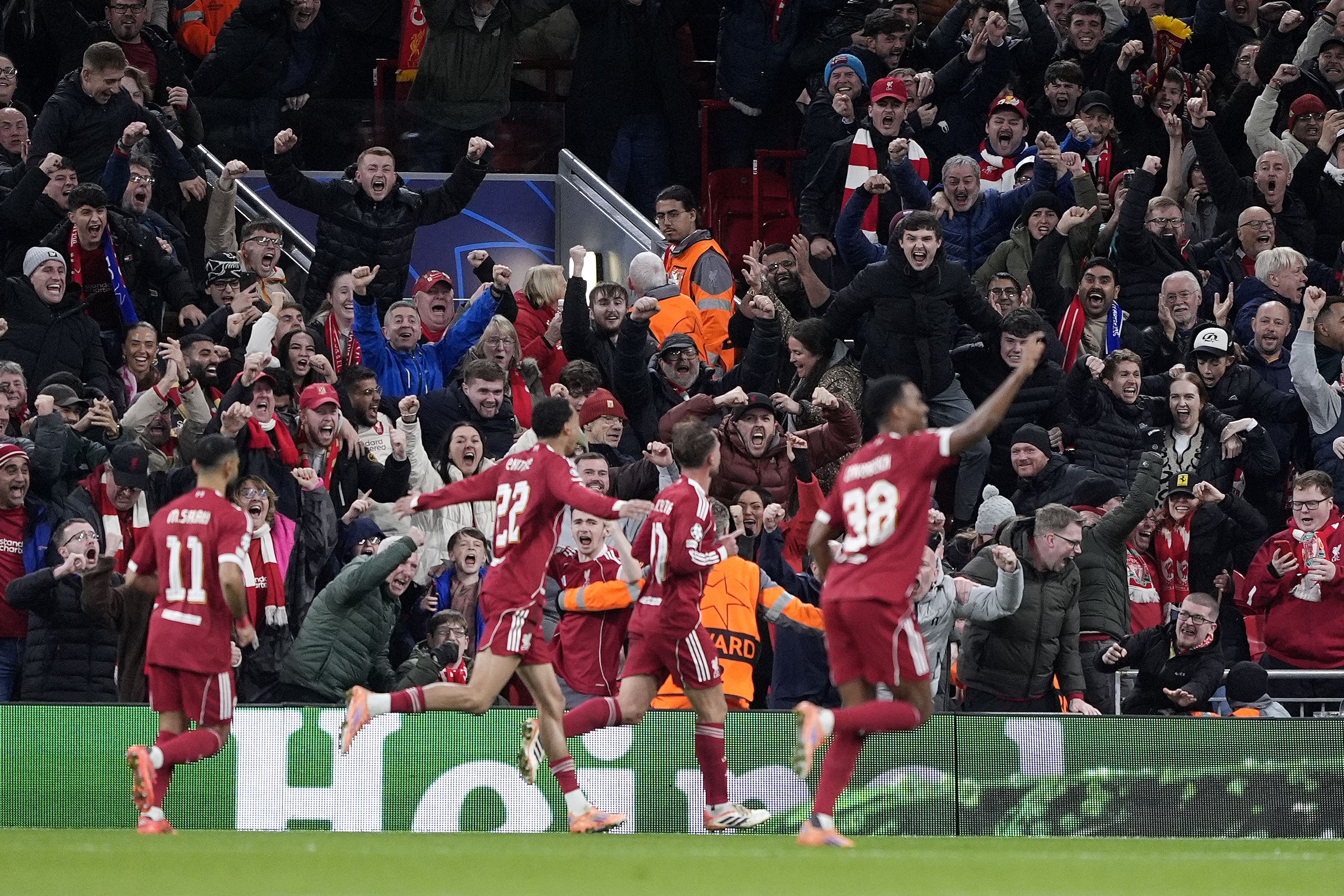 Liverpool’s players celebrate after Alexis Mac Allister fired them in front against Real Madrid