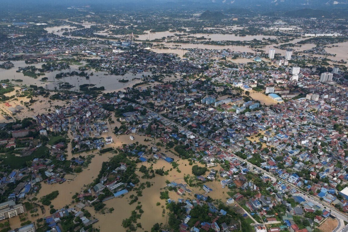 This aerial image shows flooding in the aftermath of typhoon Matmo in Thai Nguyen, Vietnam, 8 Oct 2025