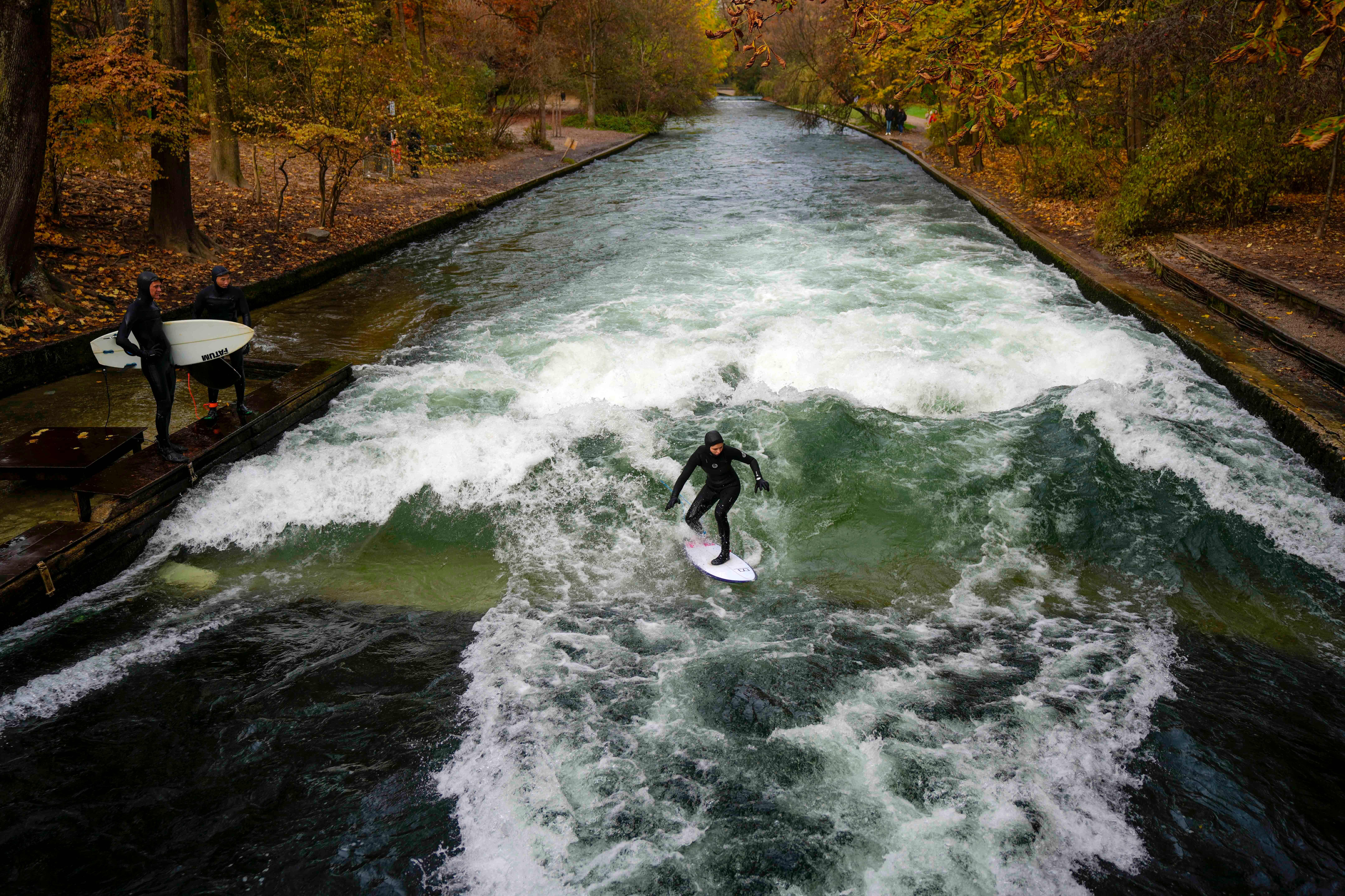 A surfer rides on an artificial wave in the river 'Eisbach' at the 'Englischer Garten' (English Garden) downtown in Munich, Germany, Monday, Nov. 11, 2024. (AP Photo/Matthias Schrader, File)