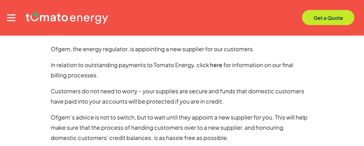 A message on Tomato Energy’s website