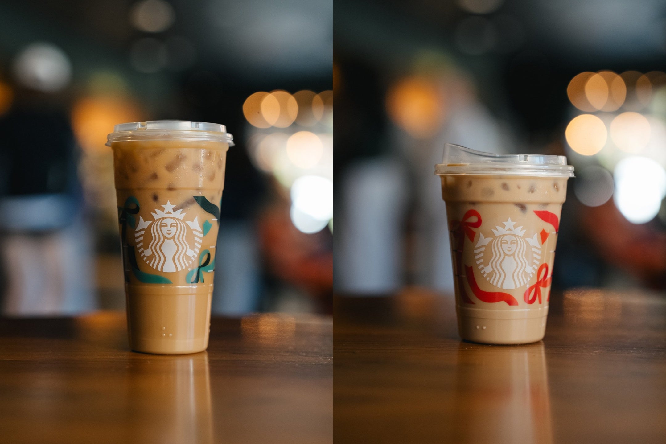 Starbucks' iced drinks are available with green and red ribboned designs throughout the holiday season