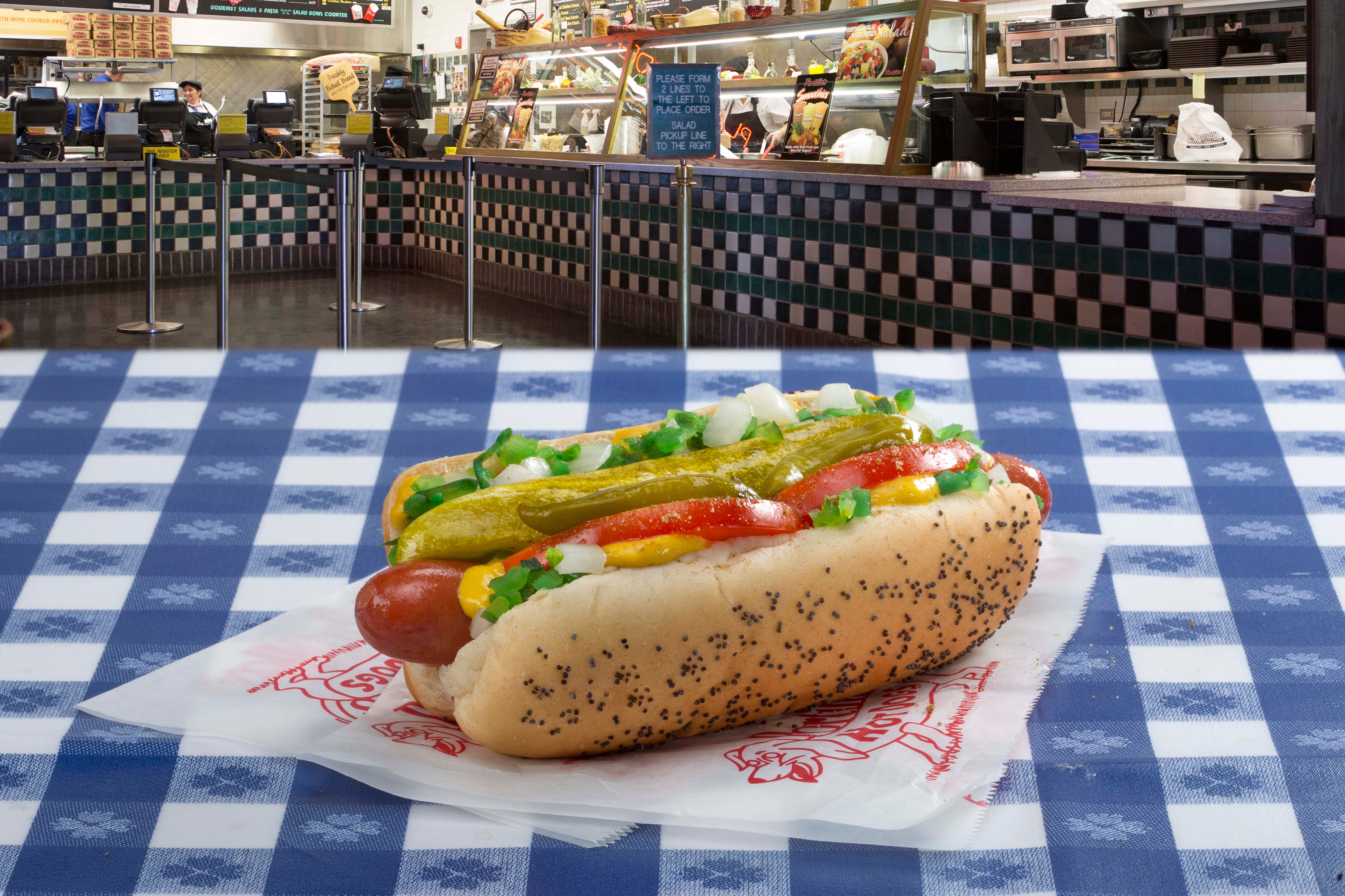 Pictured is a classic Chicago dog, as served at Portillo's