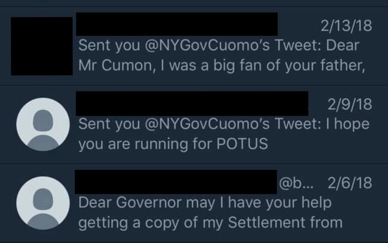 The direct messages sent to the non-politician Cuomo were a mixed bag of compliments, complaints and requests for assistance.