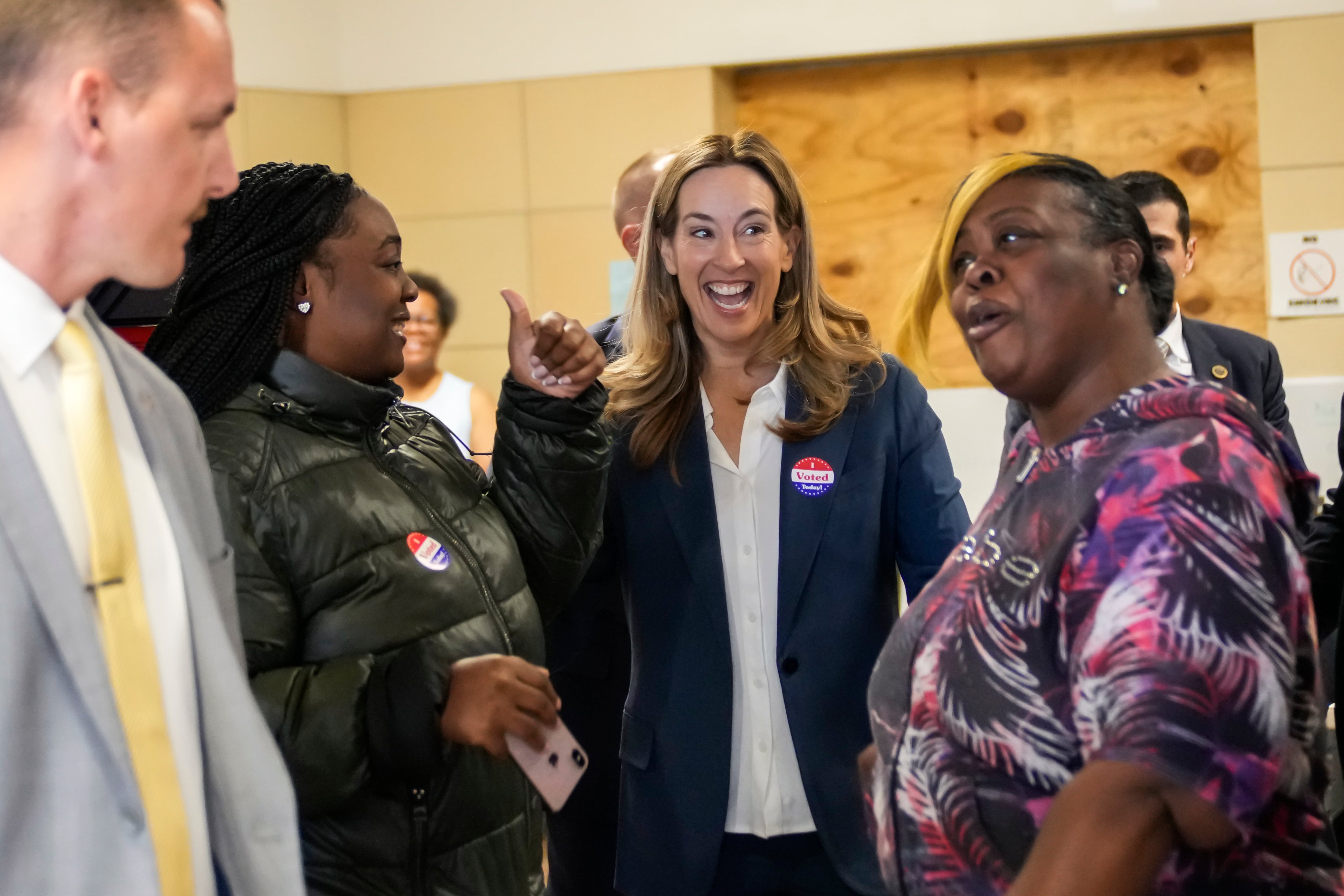New Jersey Democratic gubernatorial candidate, U.S. Rep. Mikie Sherrill (D-NJ), is cheered by supporters as she exits the polling center after casting her vote on 4 November