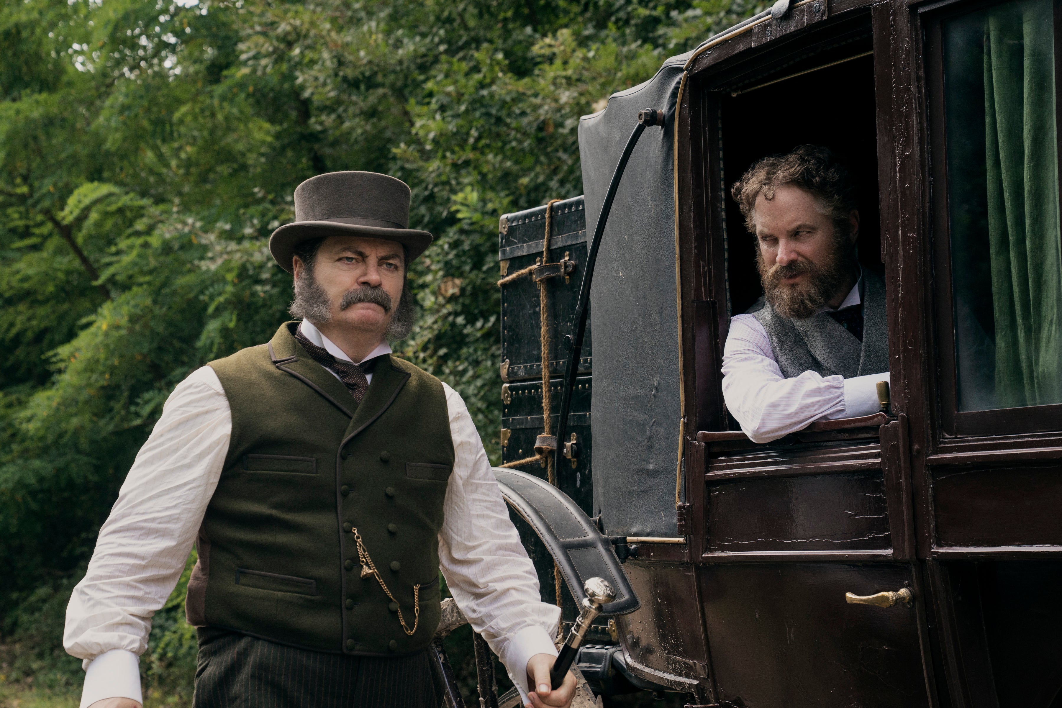 Nick Offerman (left) as Vice President Chester A. Arthur in 'Death by Lightning'