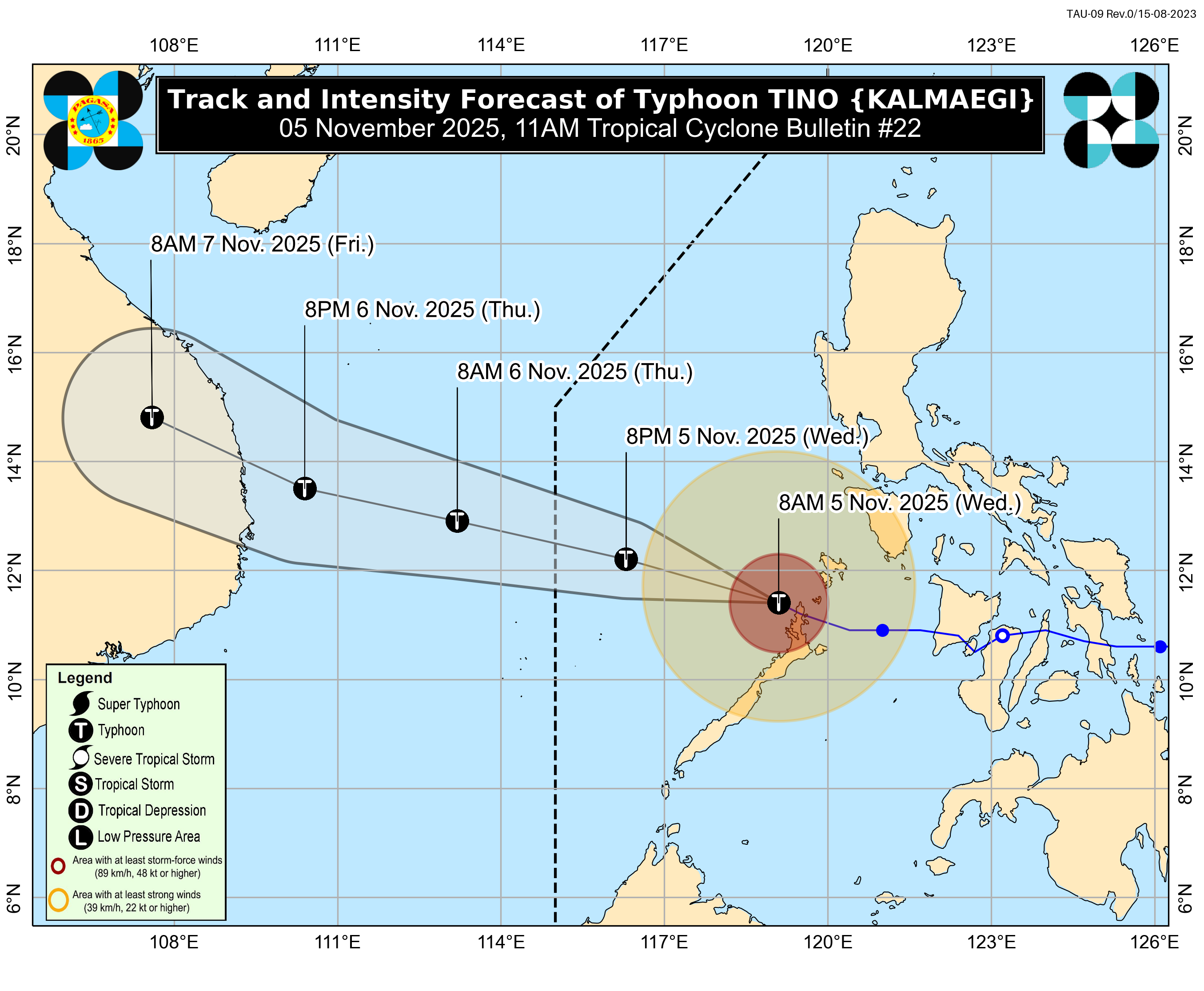 Forecast for Typhoon Kalmaegi's path released at 11am Wednesday by the Philippines agency PAGASA