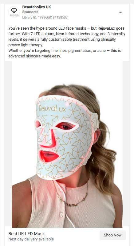 Beautaholics UK Meta advert for an LED face mask