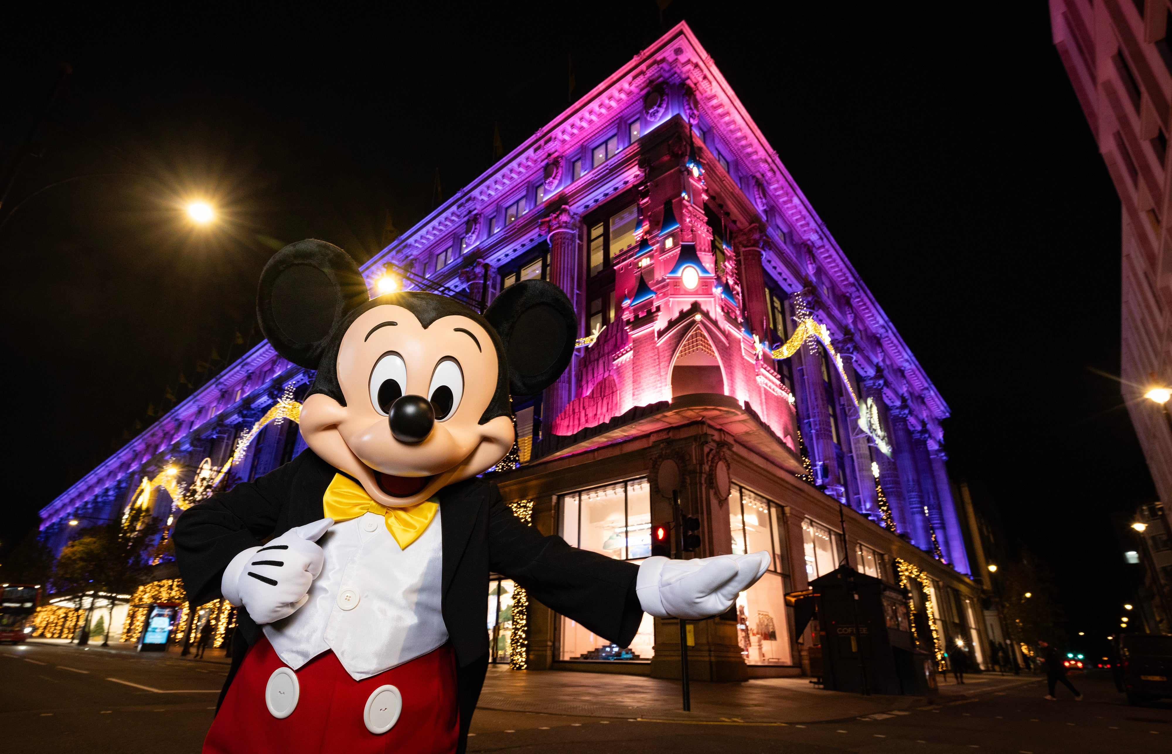 Mickey Mouse is a special guest at the launch of 'A Most Magical Christmas' at Selfridges London. A sound and light show featuring 3D Disney Castle inspired by Sleeping Beauty Castle at Disneyland Paris