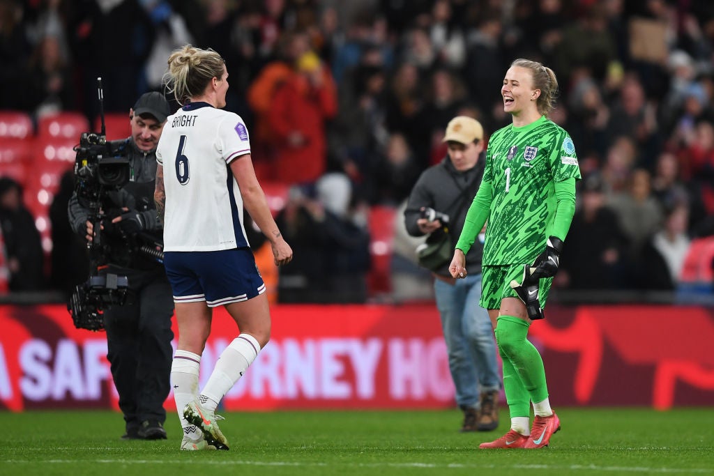 <p>Hampton and Bright played together for the Lionesses and remain teammates at club level for Chelsea</p>