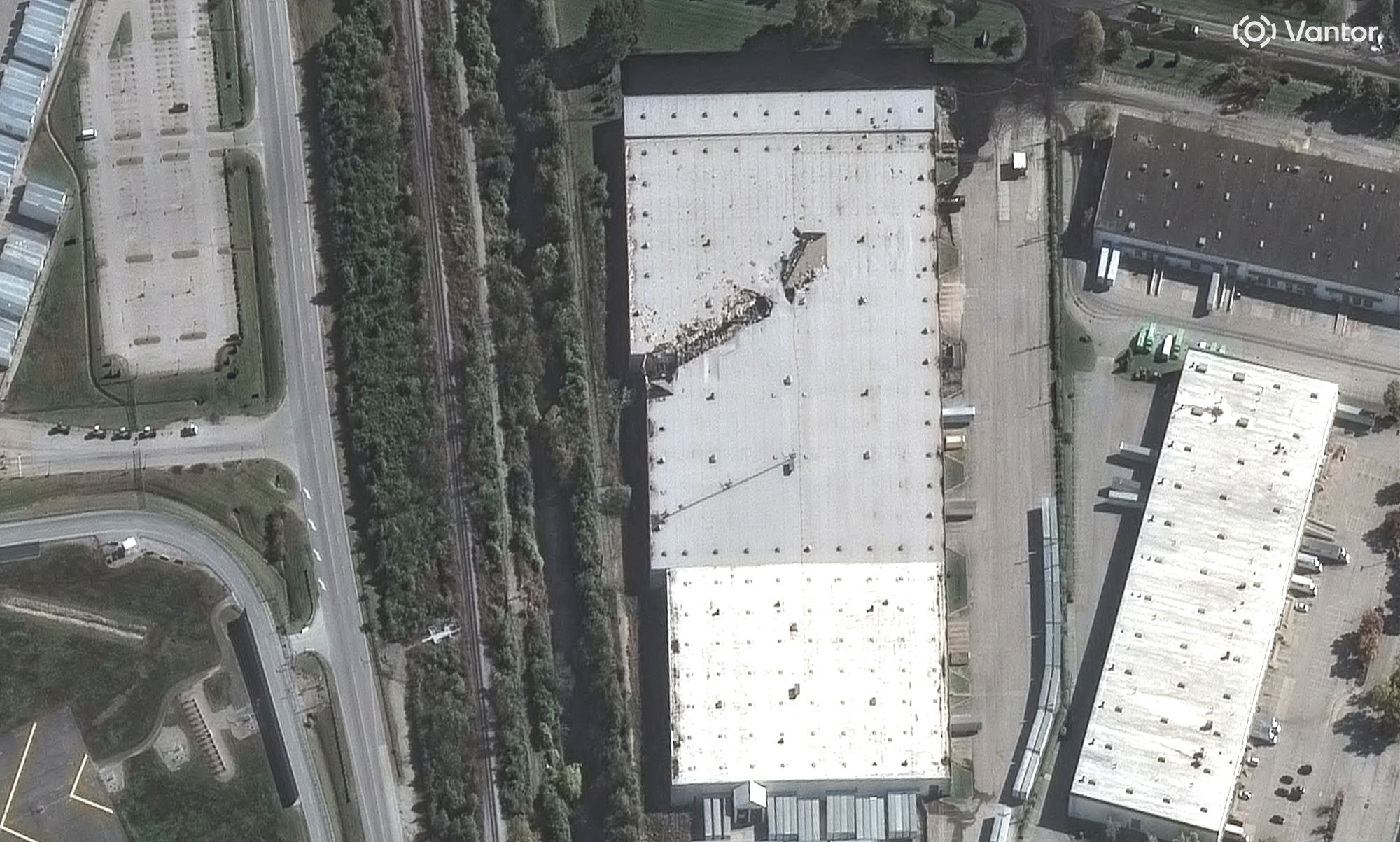 This Vantor satellite image shows a 300-foot gash torn into the roof of a UPS warehouse by the MD-11 cargo plane as it passed over the building