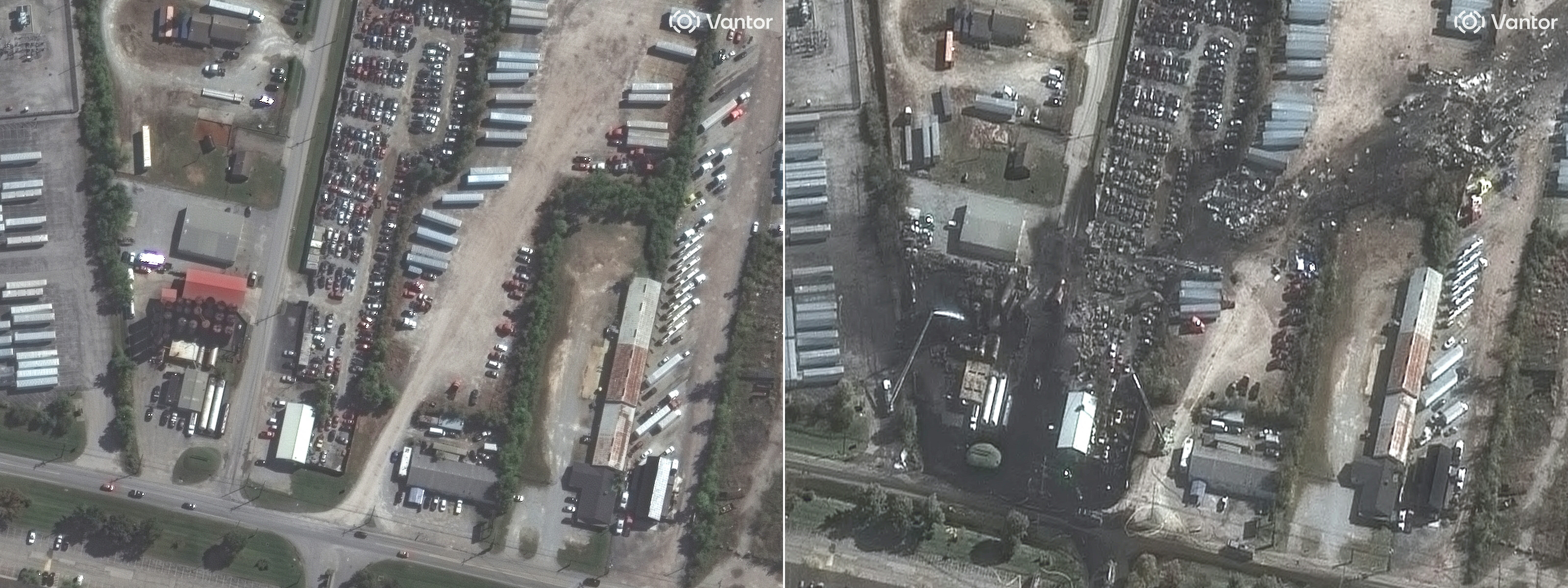 Photos provided by Vantor show a parking area at a UPS facility in Louisville before and after an MD-11 cargo plane crashed and tore through the area, leaving behind charred cars and debris