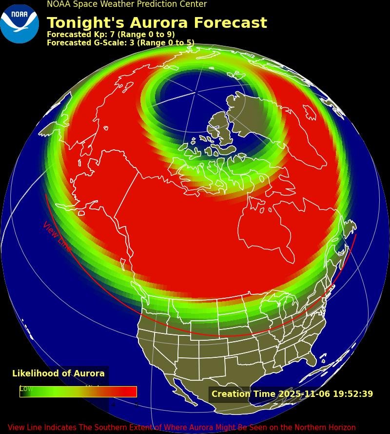 A Space Weather Prediction Center map shows expected impact over the U.S. Thursday night