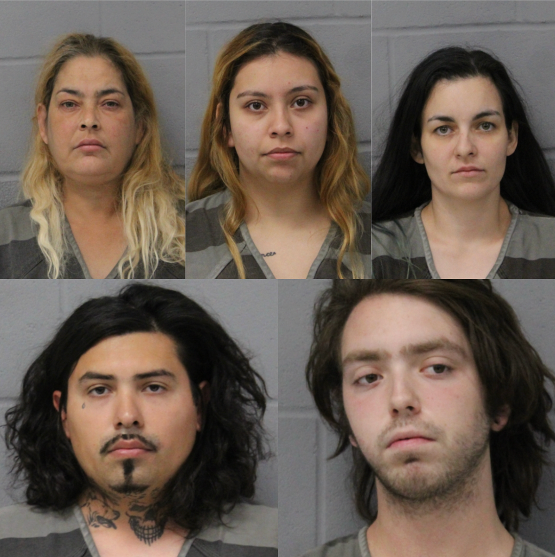 The five people arrested were named as (top, left to right) Michelle Garcia, 51, Crystal Garcia, 21, Mache Carney, 31, (bottom, left to right) Juan Pablo Castro, 30, and Maynard Lefevers, 21