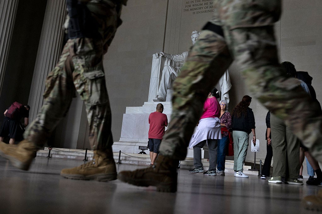 Members of the National Guard are now commonplace at landmarks like the Lincoln Memorial, pictured, and the Washington Monument