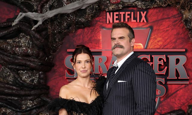 <p>Millie Bobby Brown and David Harbour attend the Los Angeles premiere of season five of Netflix’s ‘Stranger Things’</p>