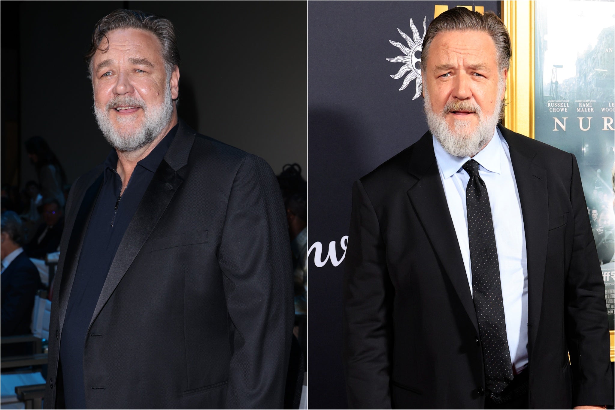 Russell Crowe before his weight loss (on left) and after his weight loss (on right)