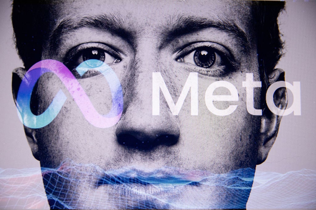 A portrait of Mark Zuckerberg and the Meta logo at Kerlouan in Brittany in France on 11 April 2025