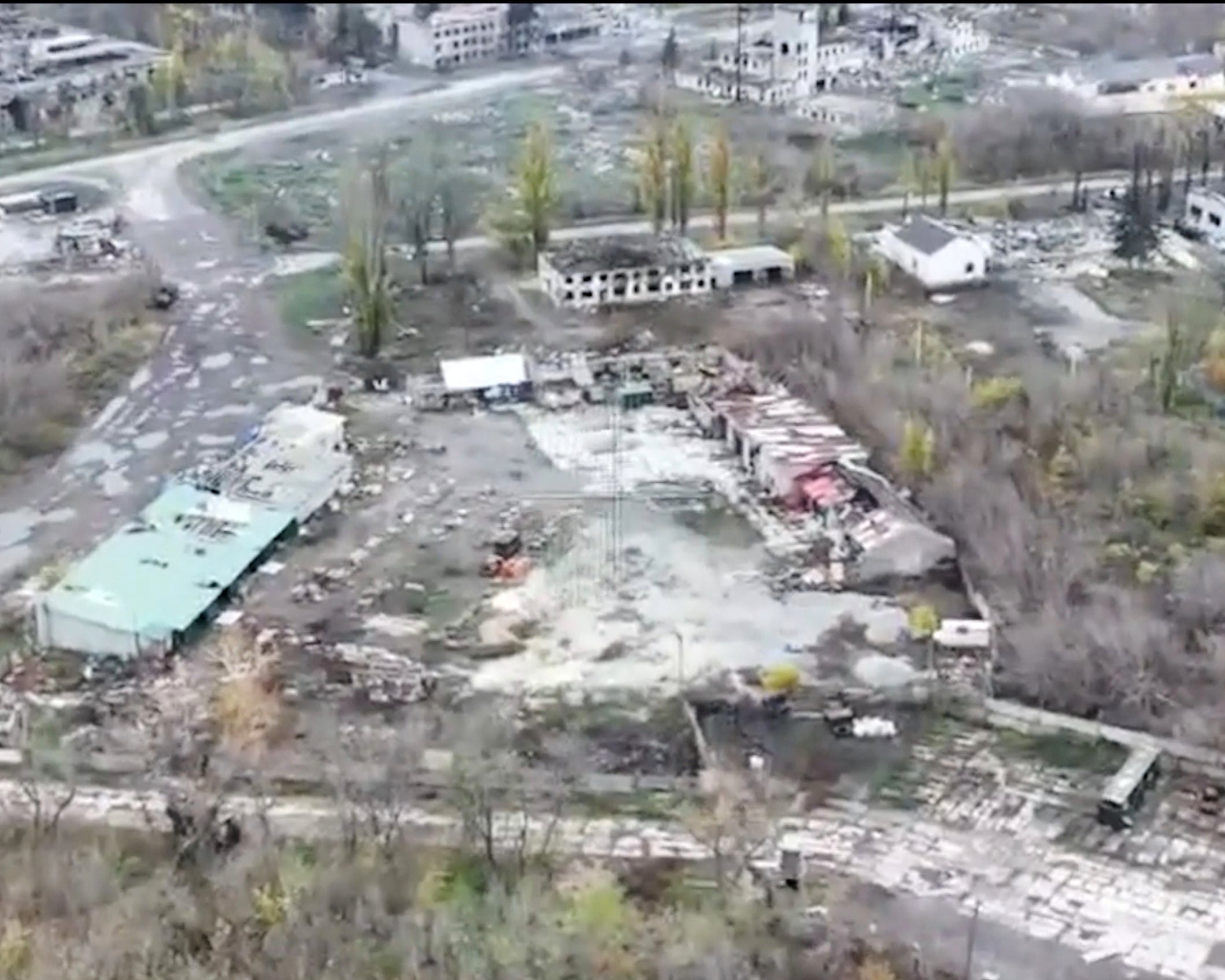 This image made from video provided by Skala - 425th Separate Assault Regiment shows drone footage from Provost, Ukraine, Saturday, Nov. 1, 2025. (Skala - 425th Separate Assault Regiment via AP)