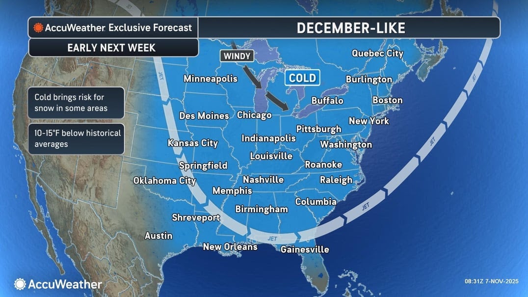 An AccuWeather map shows where December-like cold is expected to be felt across the eastern U.S. next week