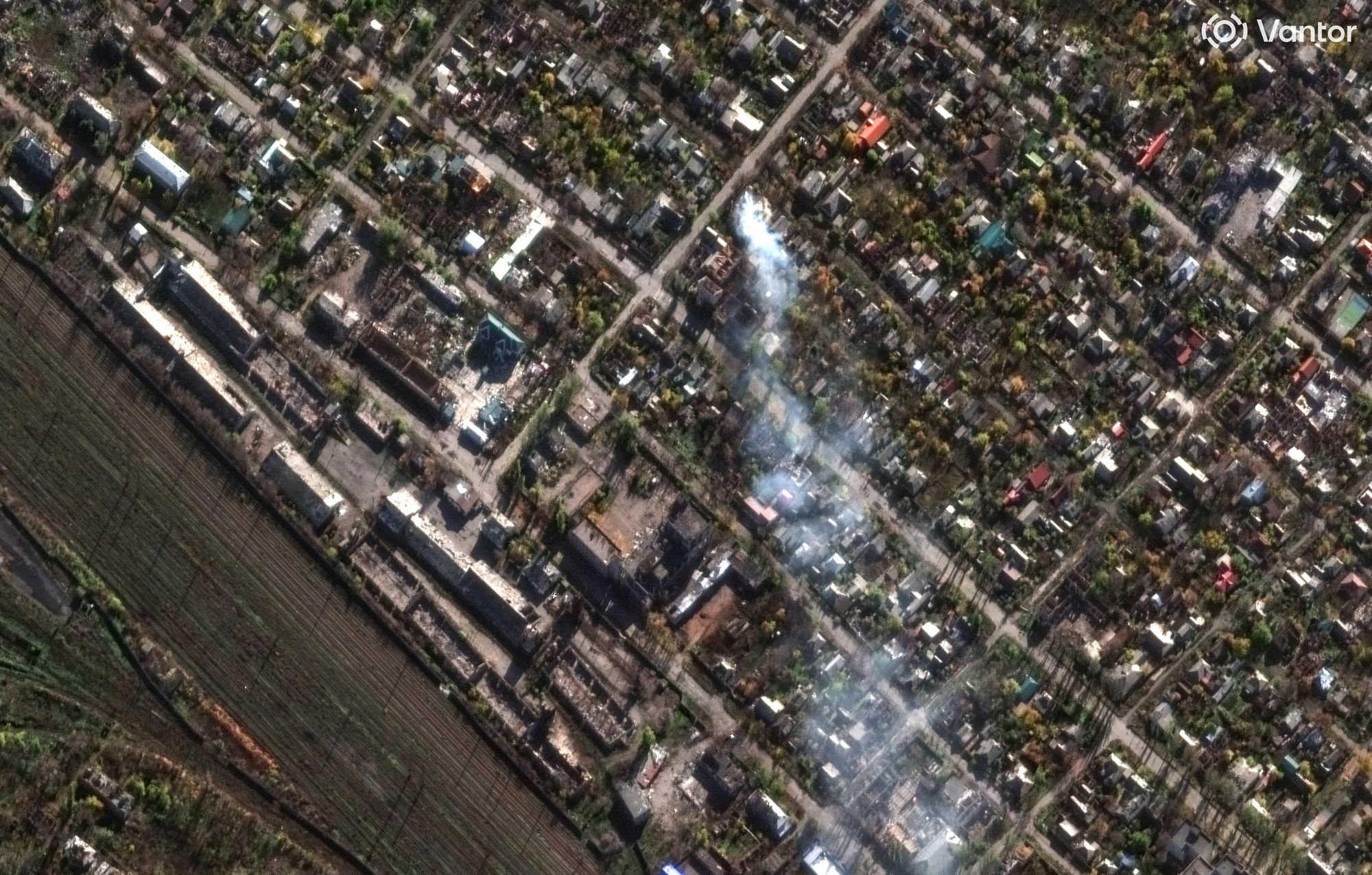 A satellite image shows smoke rising in a residential area amid Russia's attack on Ukraine, in the eastern Ukrainian city of Pokrovsk, Donetsk region, Ukraine, November 3, 2025